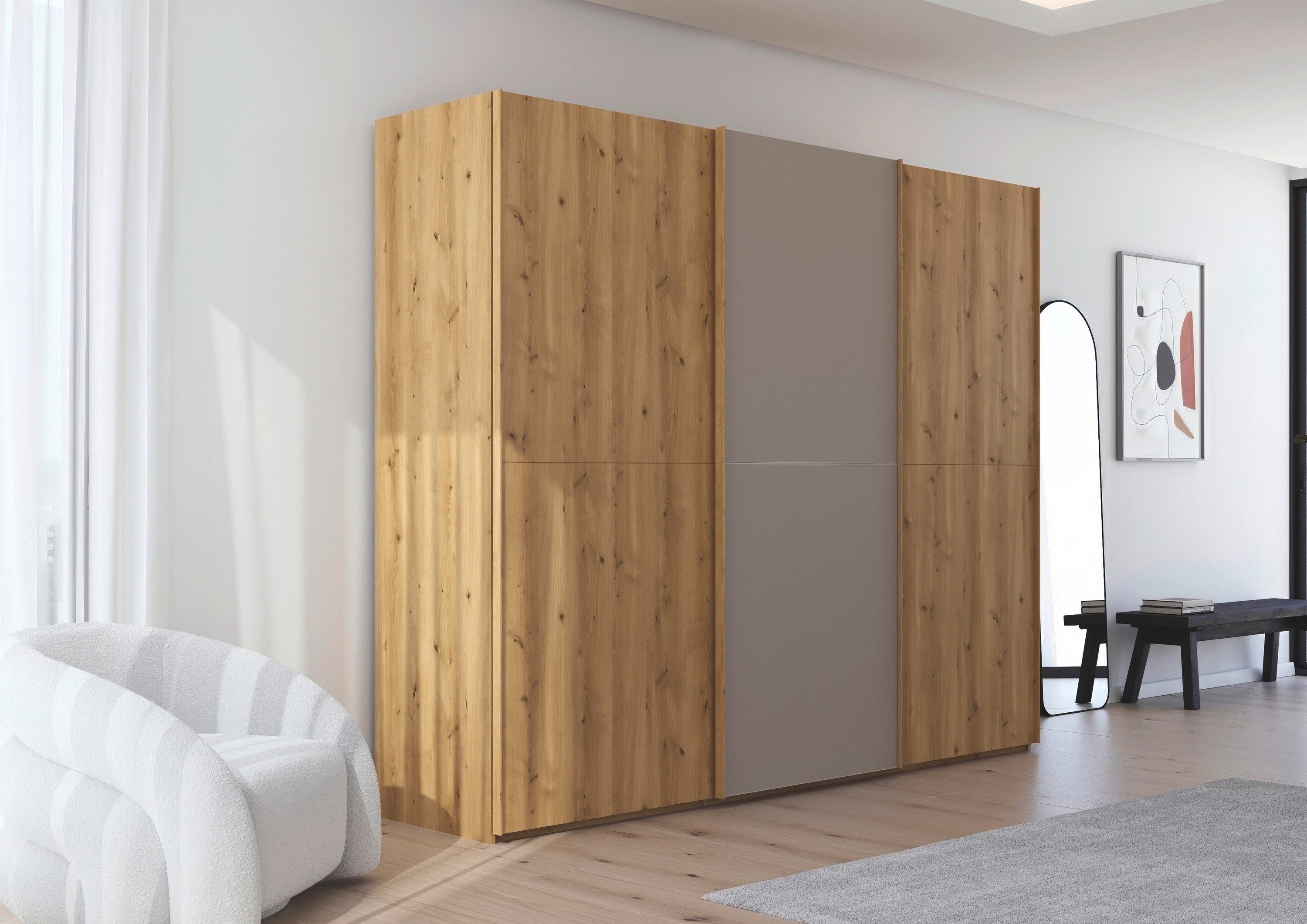 rauch Schuifdeurkast Kledingkast kast garderobe slaapkamerkast SCALE-WOOD edel gesplitste front in massief takken eiken met glazen deuren made in germany