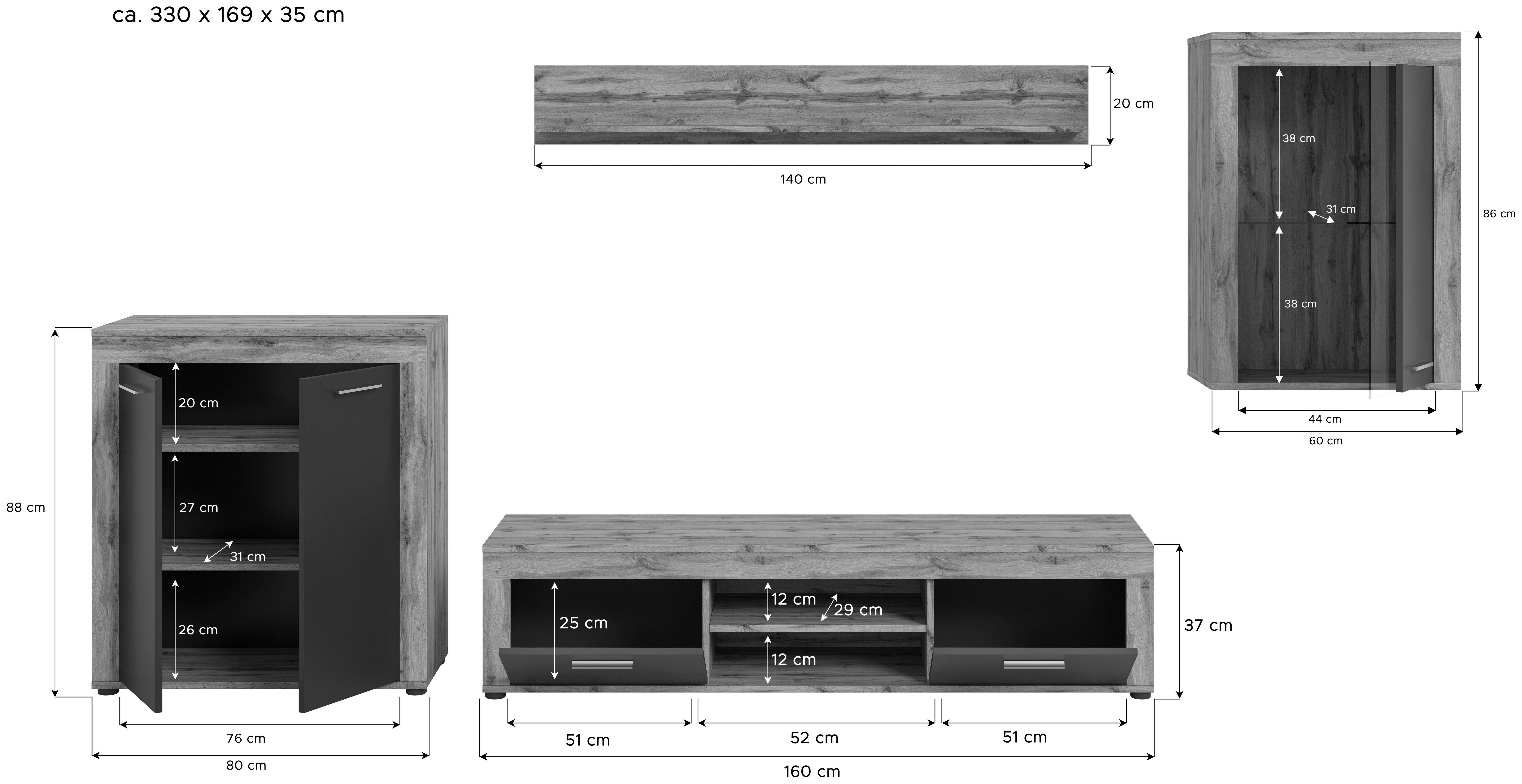 INOSIGN Wandmeubel Aosta, 4-delig, bestaande uit: highboard, lowboard, wandplank & vitrinekast (4-delig)