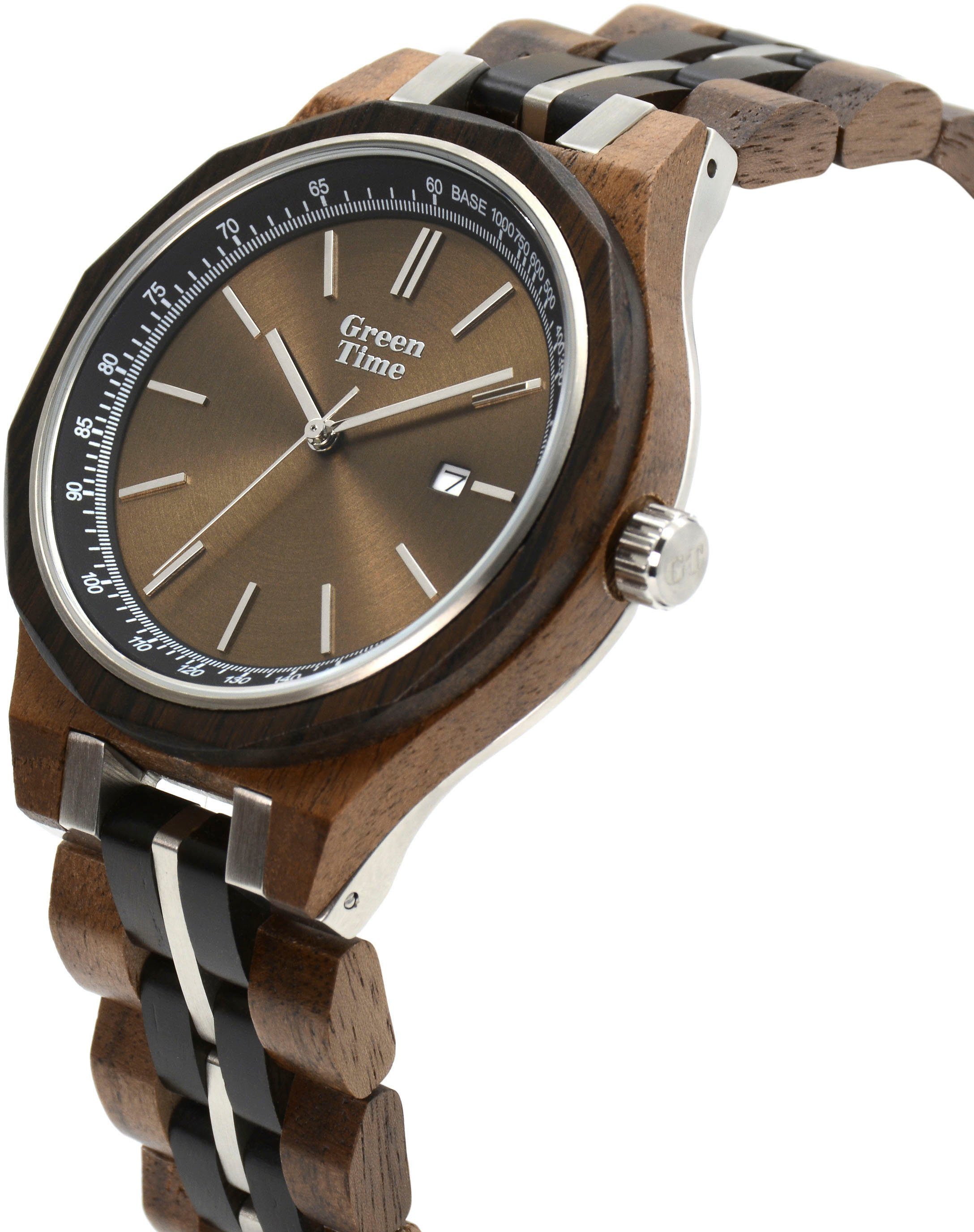 GreenTime Kwartshorloge ZW166D Polshorloge, herenhorloge, houten horloge, datum