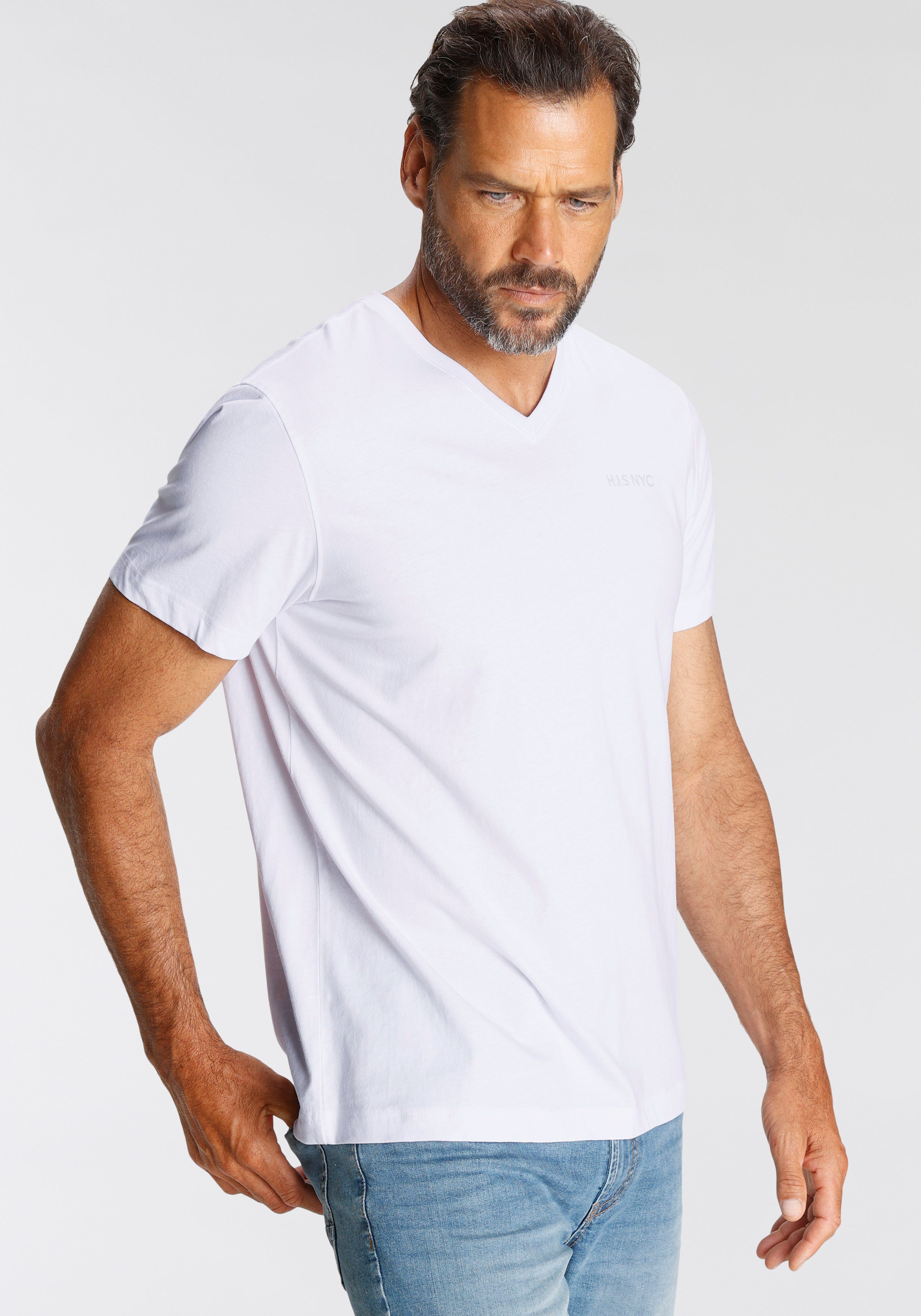 H.I.S Shirt met V-hals Korte mouwen, slim fit, van katoen (Set van 3)