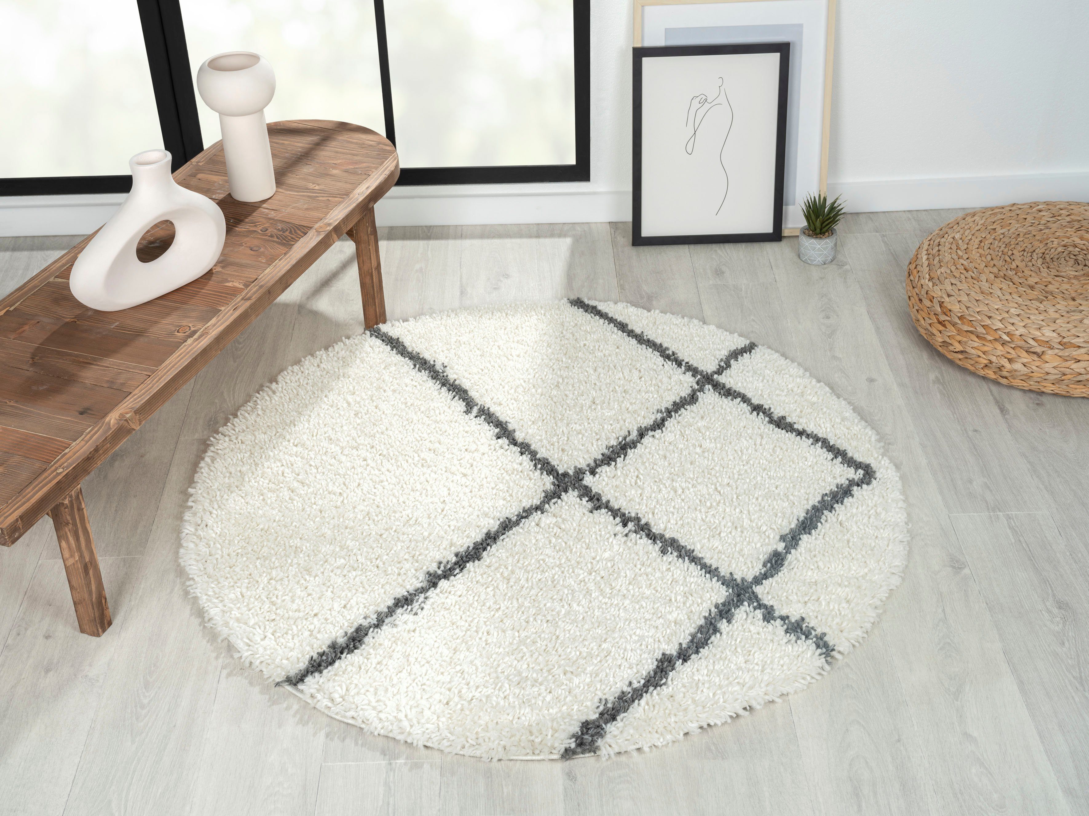 Myflair Möbel & Accessoires Hoogpolig vloerkleed My Shaggy Raute Shaggy, Scandi ruiten ontwerp, licht glanzend, extra fluffy