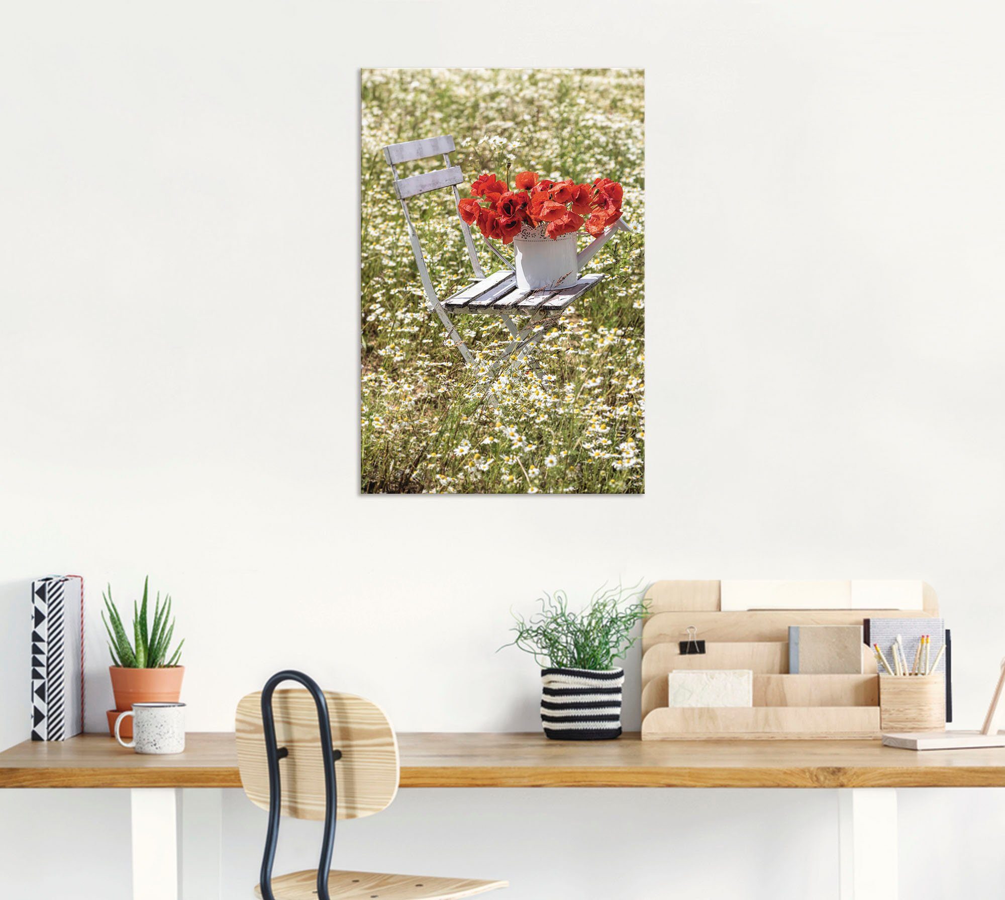 Artland Aluminium dibond print Stoel in kamilleveld met klaprozen geschikt voor binnen en buiten, buitenafbeelding