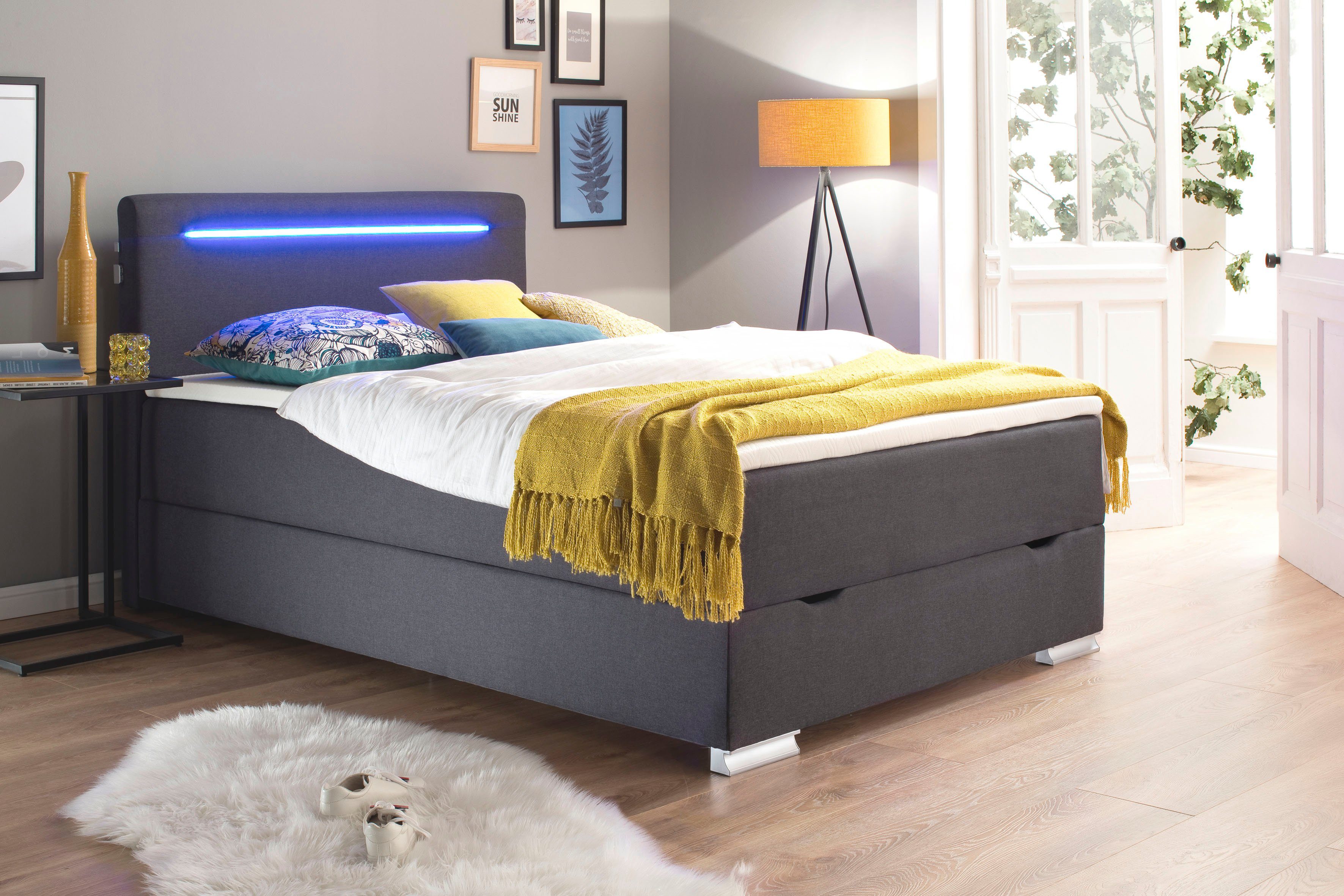 meise.möbel Boxspring Las Vegas Voeten en hoofdbord met ledverlichting, met bedkist en topmatras boxsprings grijs