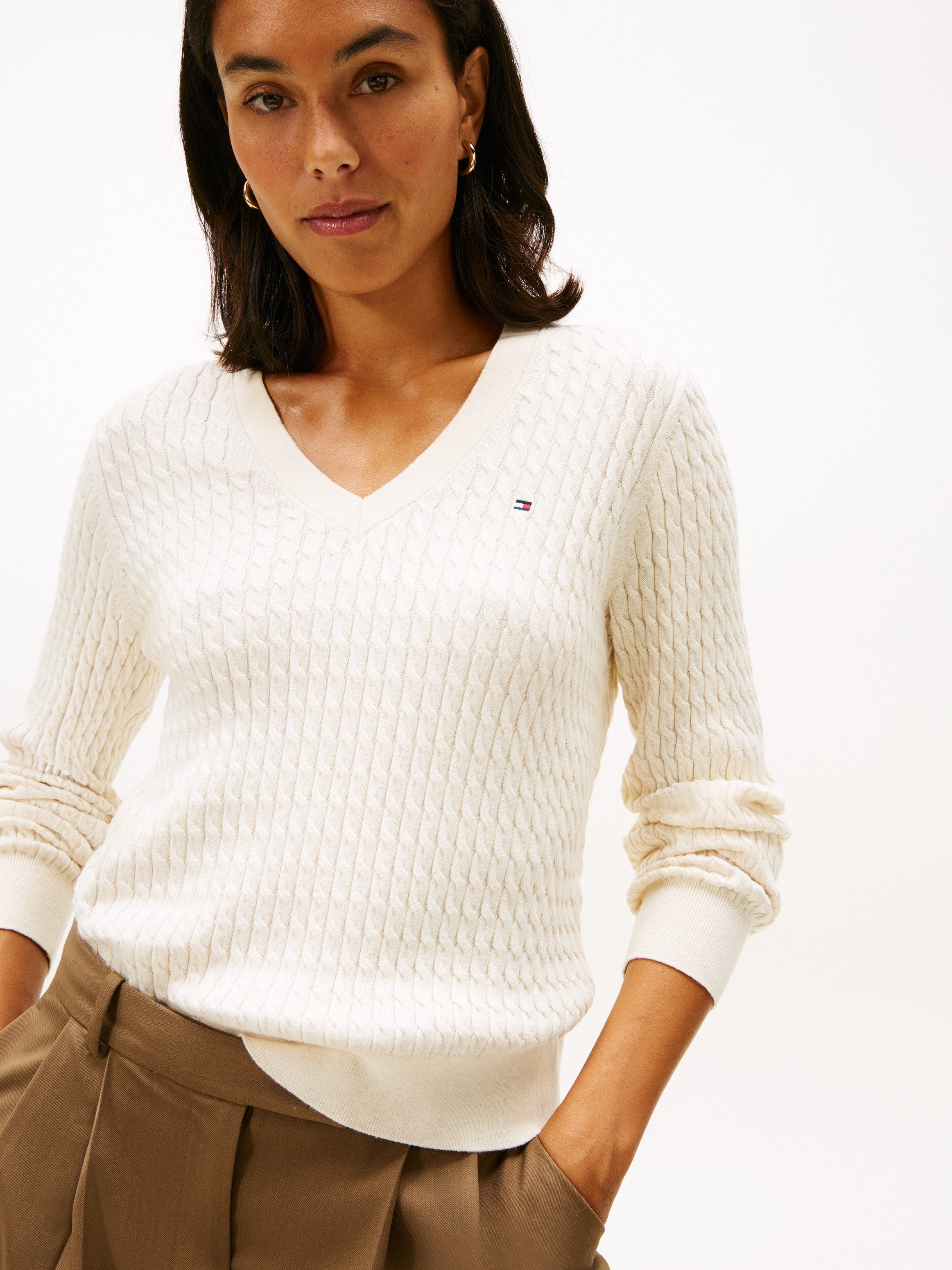 Tommy Hilfiger Trui met V-hals CO CABLE V-NK LS SWT met kabelpatroon, logo-borduursel