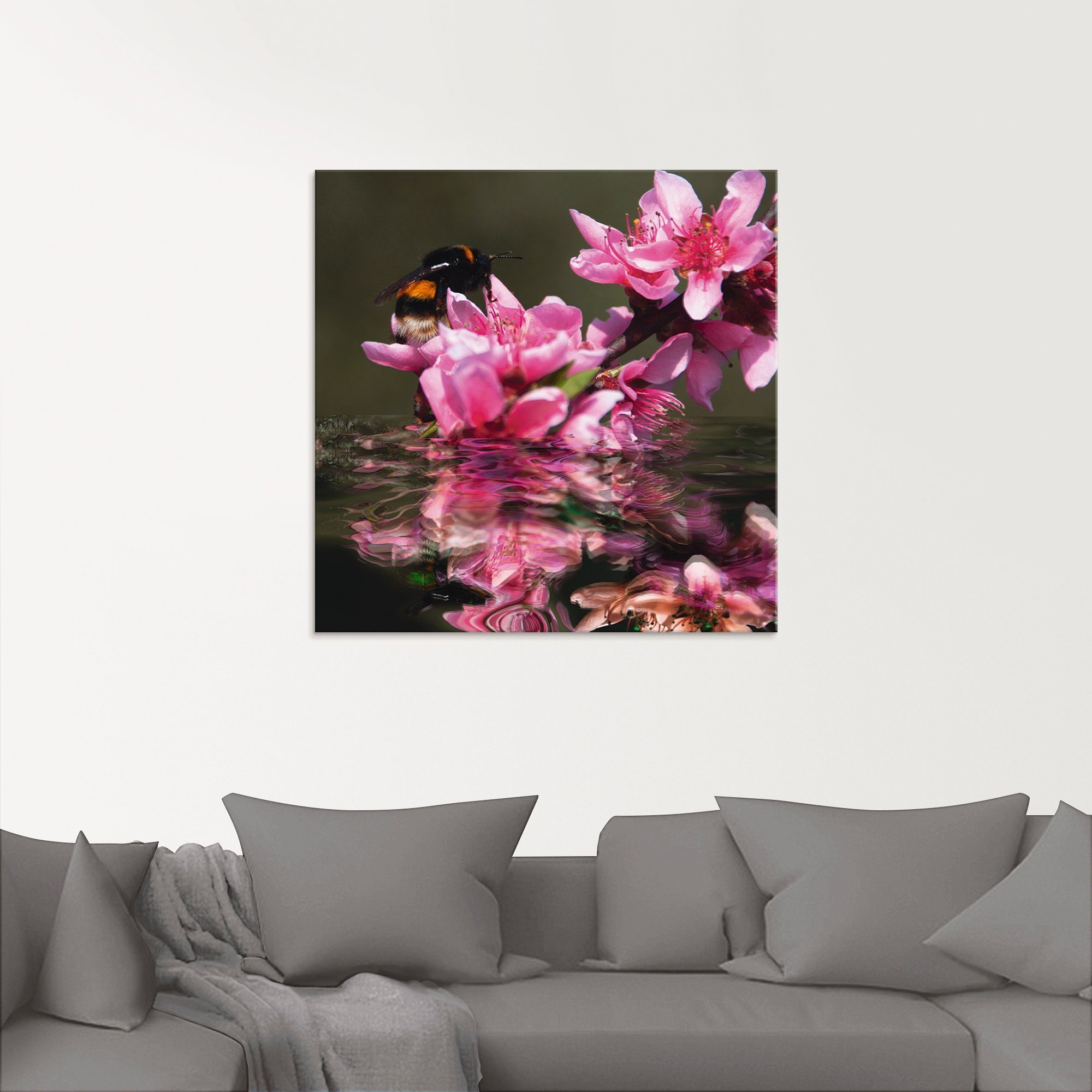 Artland Print op glas Perzikbloesem met hommel