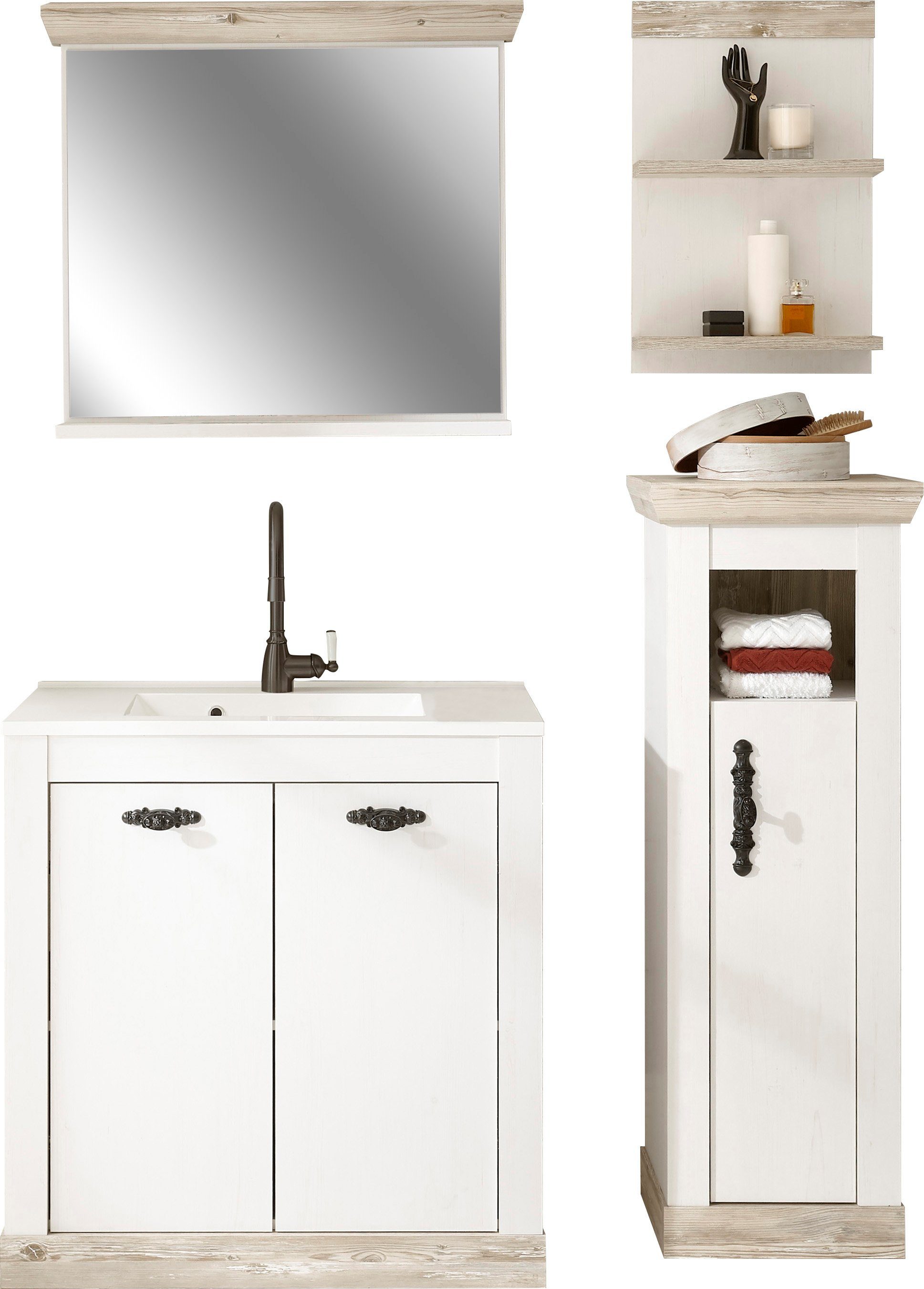 Home affaire Badkamerserie Florenz, Bad im Landhausstil, 4-teiliges Badezimmer (4-delig) badmeubelsets wit