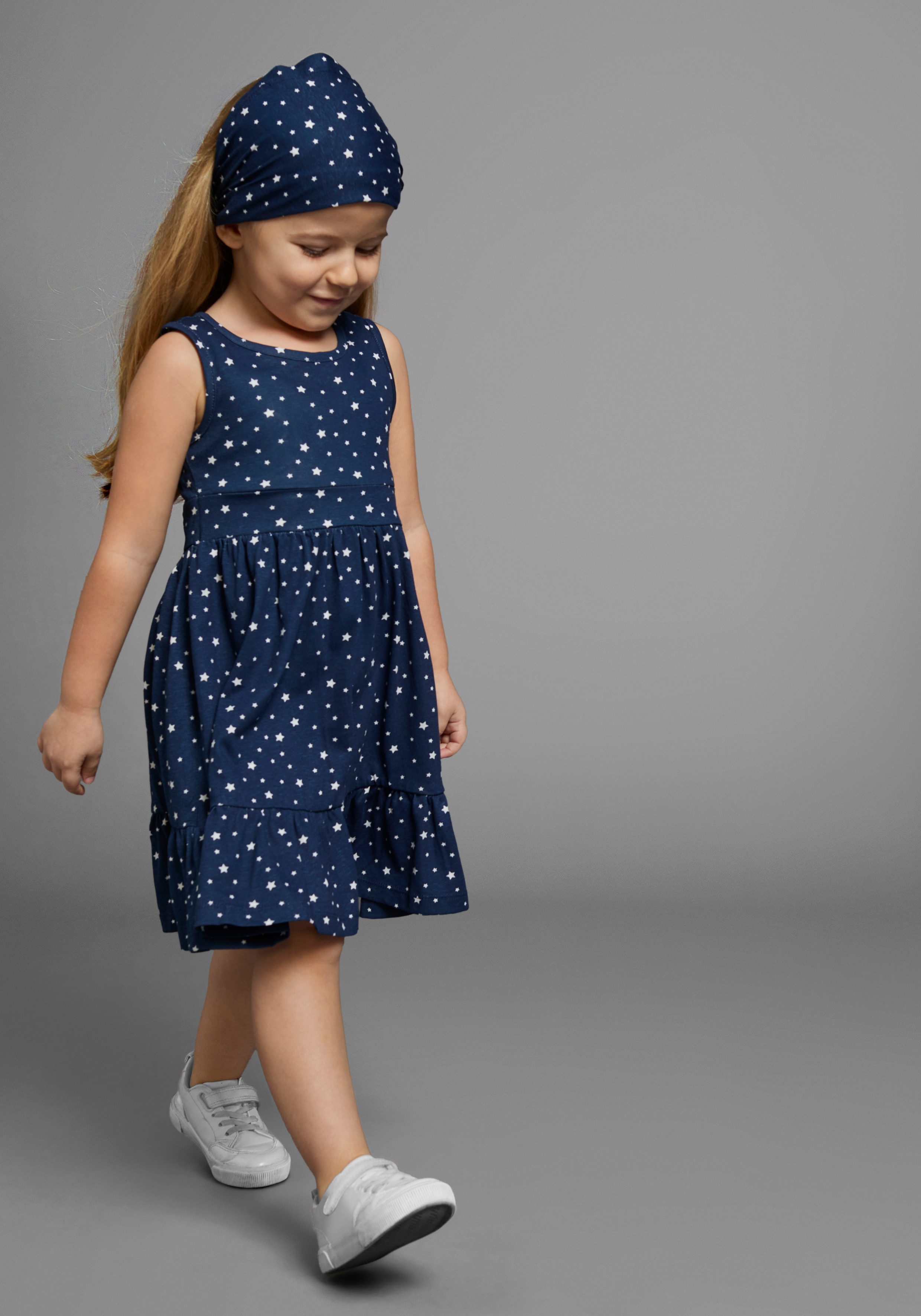 KIDSWORLD Jerseyjurk 2-delig shirtjurk + haarband in schattig sterren-allover feestelijke gelegenheden, knie-lange, speelse stijl, van katoen (set, 2-delig)
