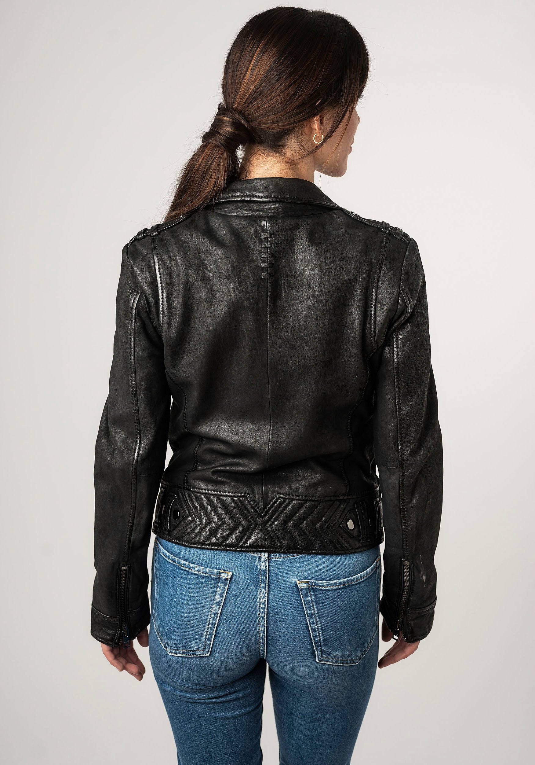 Mauritius Leren jack 2Wtashi met schouderflappen, met studs, met ritszakken