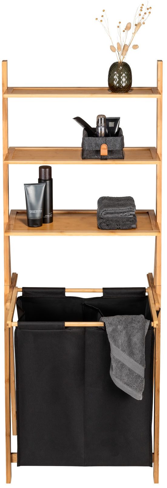 WENKO Wasmand met sorteerfunctie Ladderrek Ecori met wasverzamelaar Frame van bamboe, 3 schappen, textiel van 100% gerecycled polyester