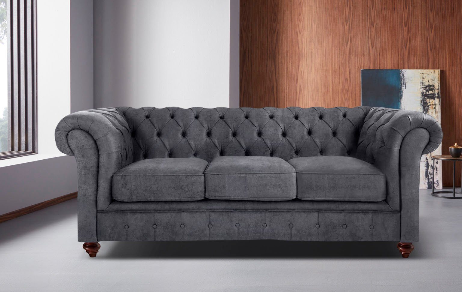 Home affaire Chesterfield-bank Chesterfield 3-zits B/D/H: 198/89/74 cm met hoogwaardige knoopdetails, ook in leer
