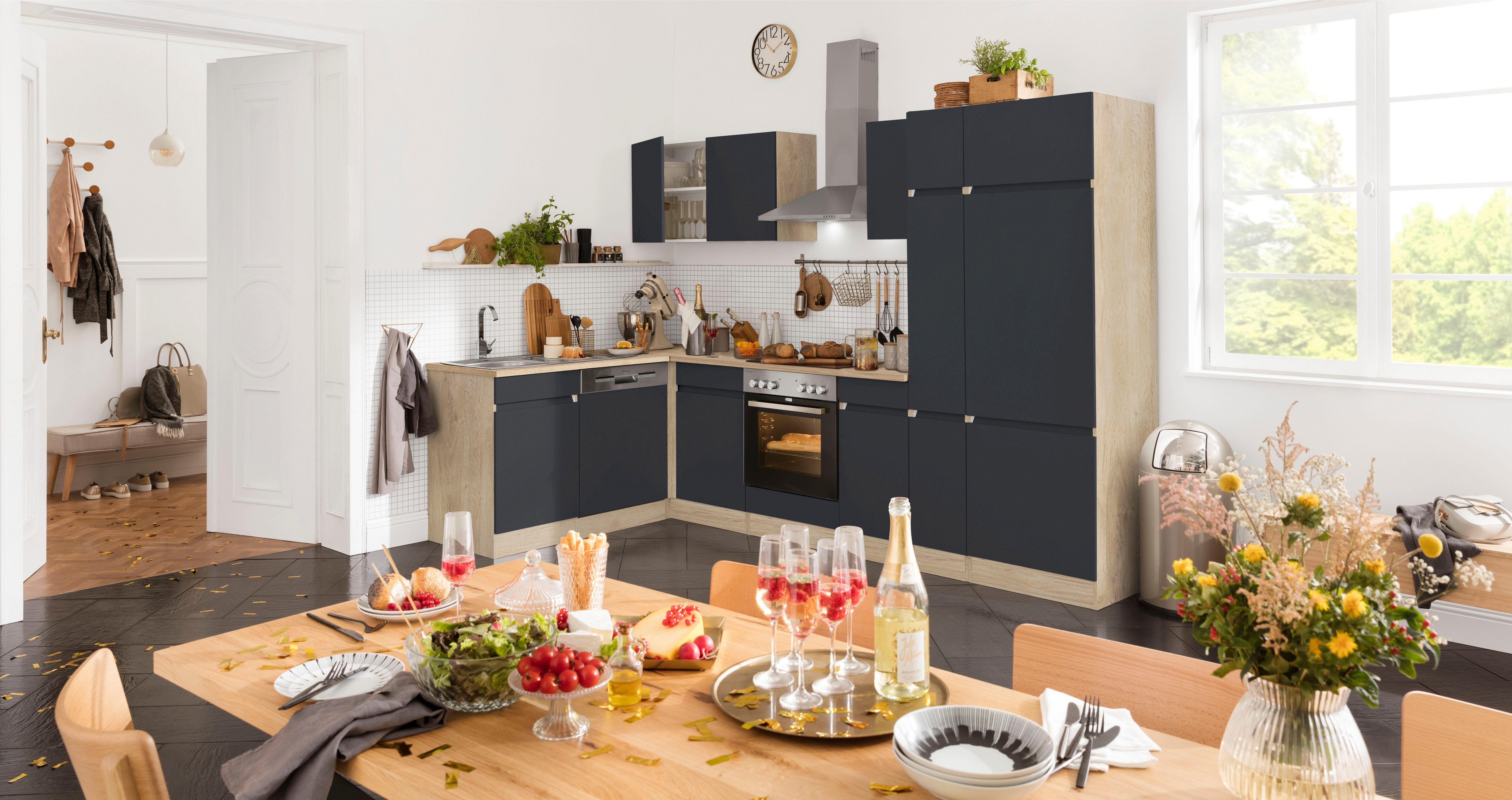 OPTIFIT Hoekkeuken Roth Afmetingen 300x175 cm, naar keuze met elektrische apparaten, met apothekerskast