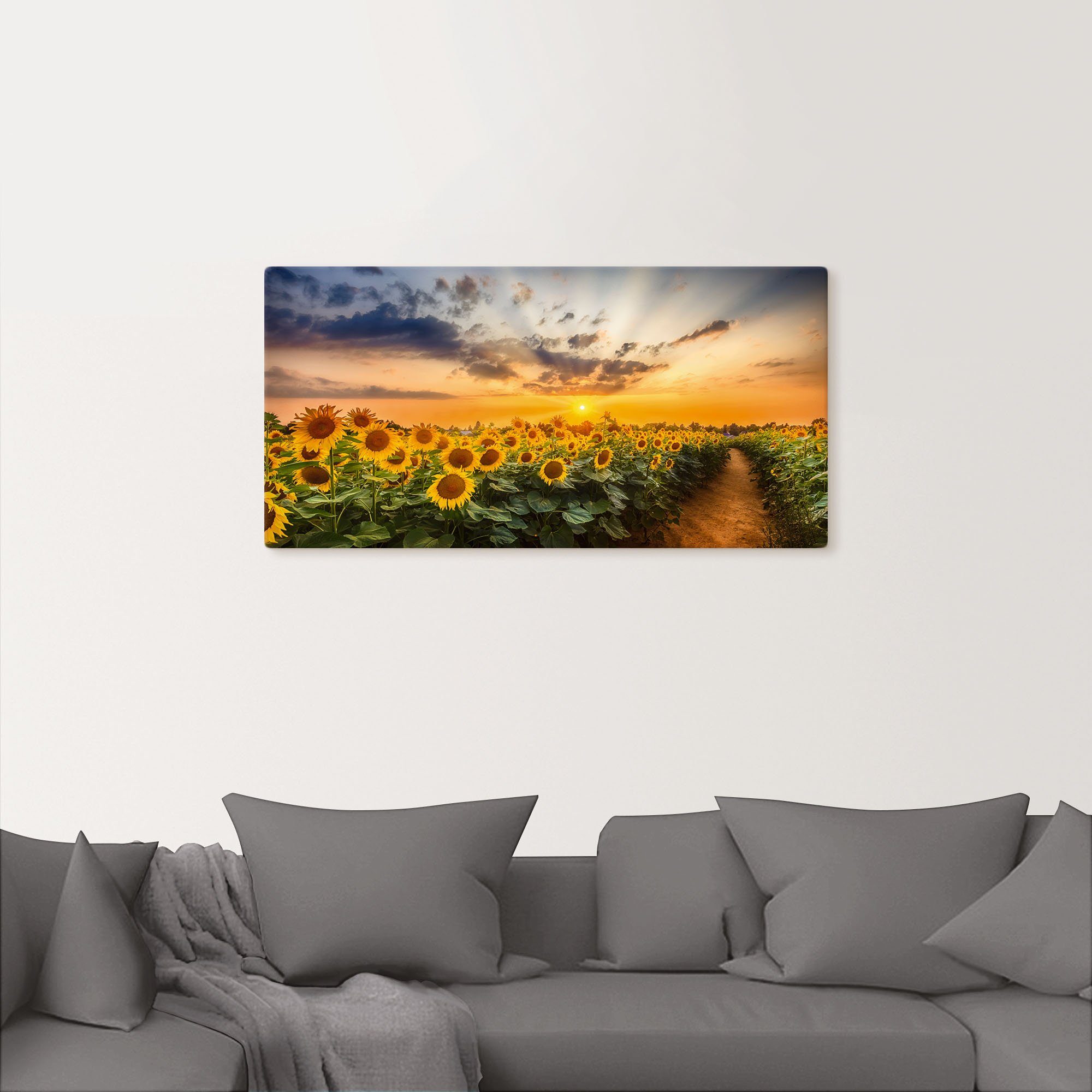 Artland Artprint Zonnebloemenveld bij zonsondergang als artprint van aluminium, artprint voor buiten, artprint op linnen, poster in verschillende maten. maten