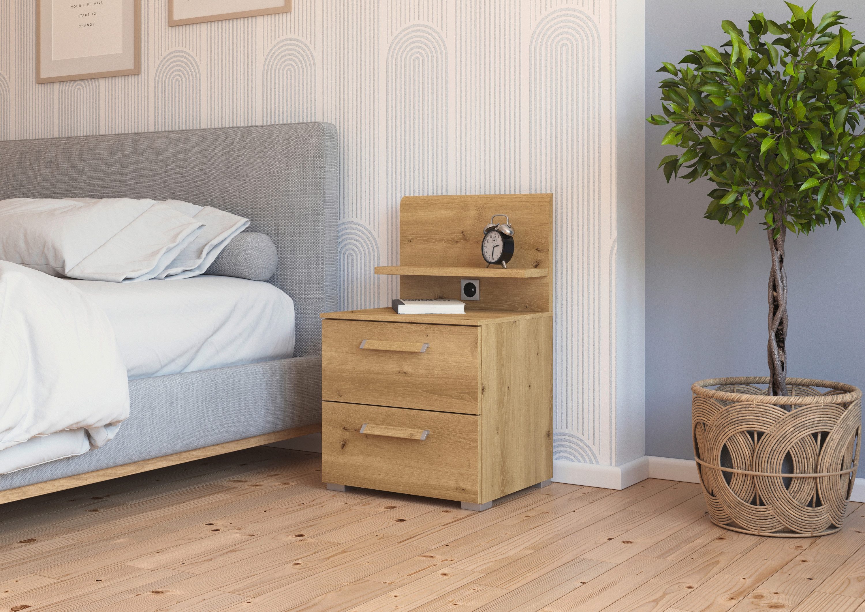 rauch Nachtkastje Nachtconsole Commode EVELYN in elegante stijl 2 ladenpaneel met stopcontact made in germany