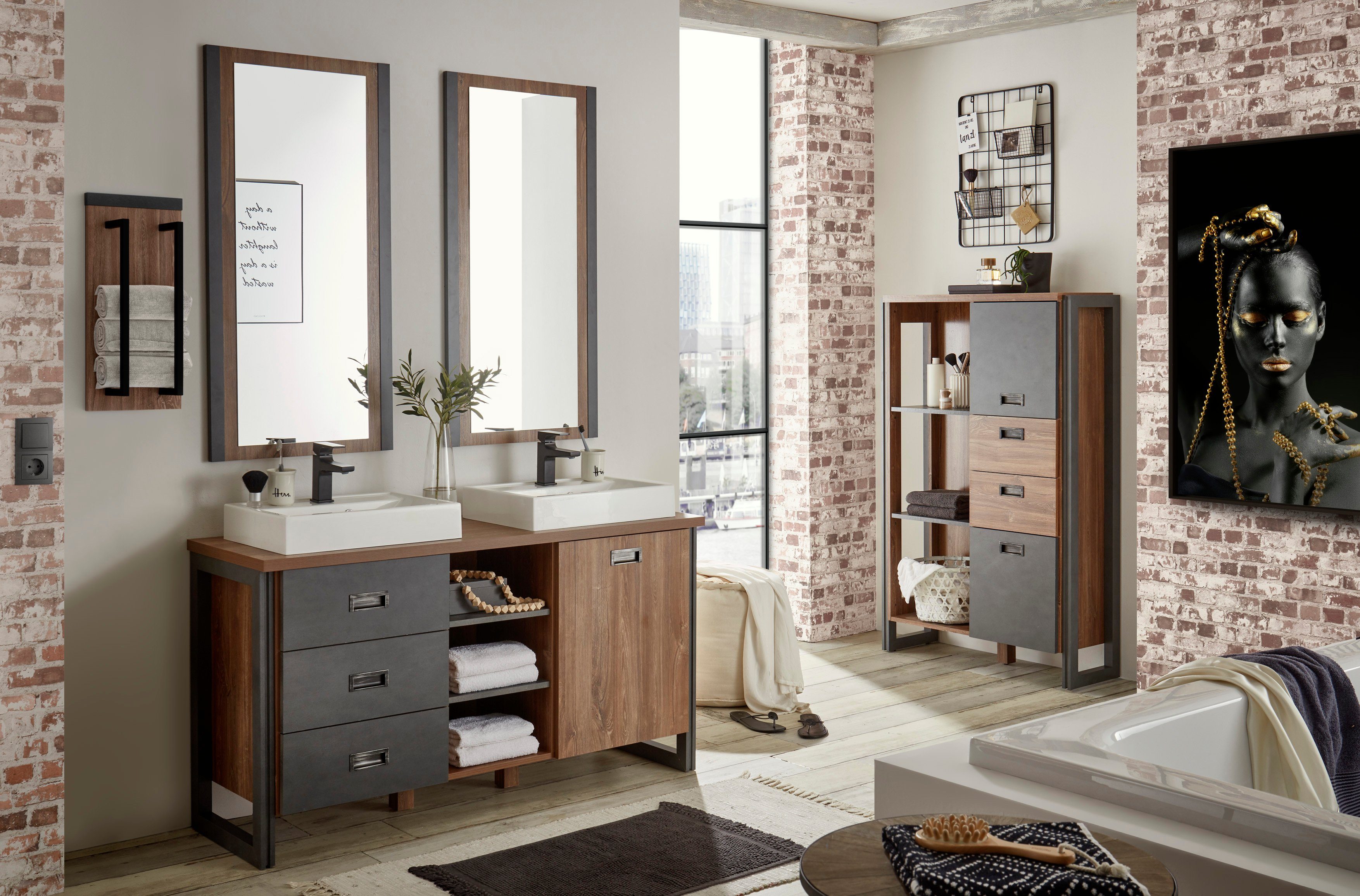 Home affaire Badkamerserie Detroit, badkamer in industriële stijl, 3-delig badkamer (set, 4-delig)