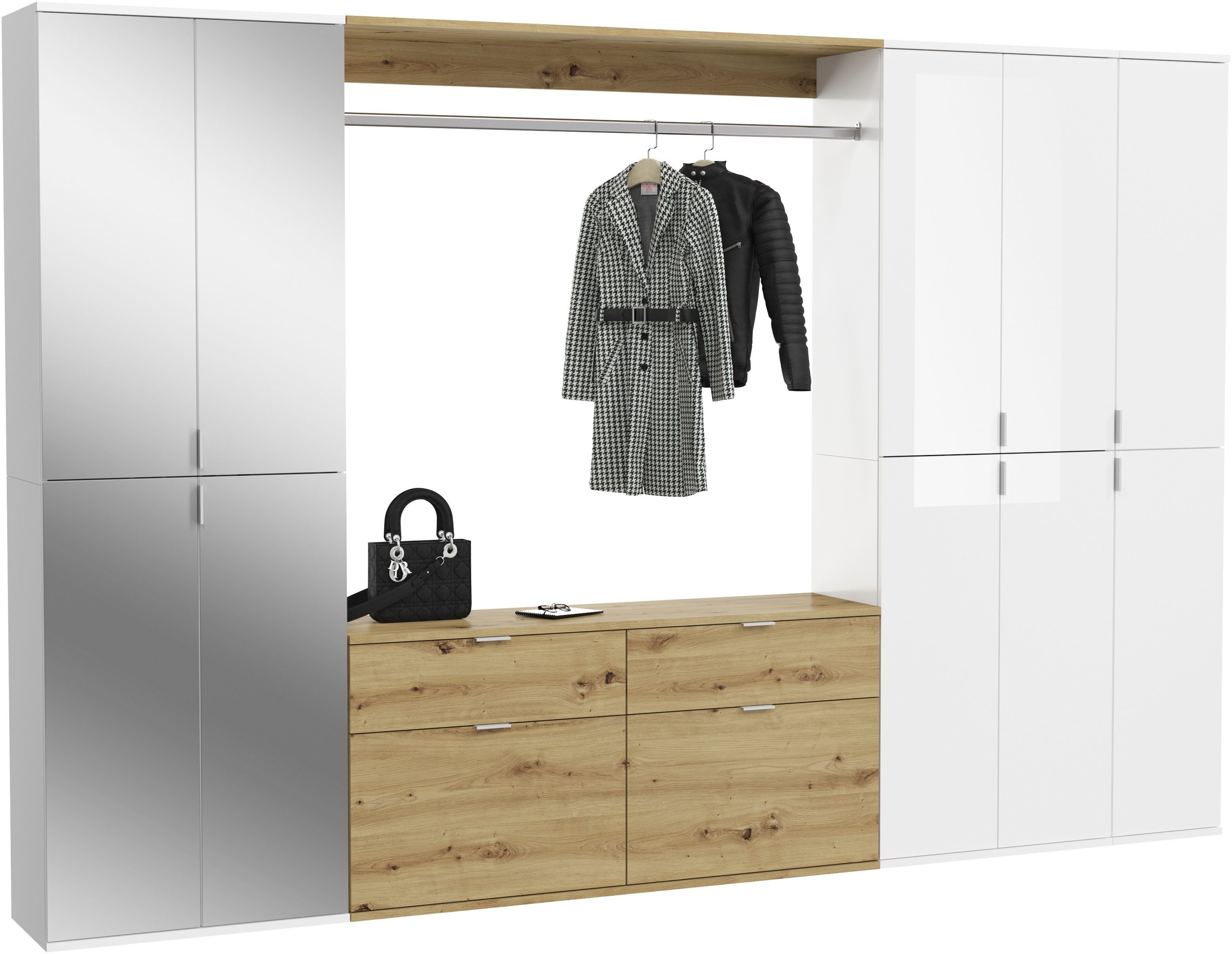 INOSIGN Halmeubelset Trondheim, Breedte 273 cm, 6-delig, bestaande uit: 3x garderobekast, 1 commode, 1 kledingstang, 1 legplank (set, 5 stuks)
