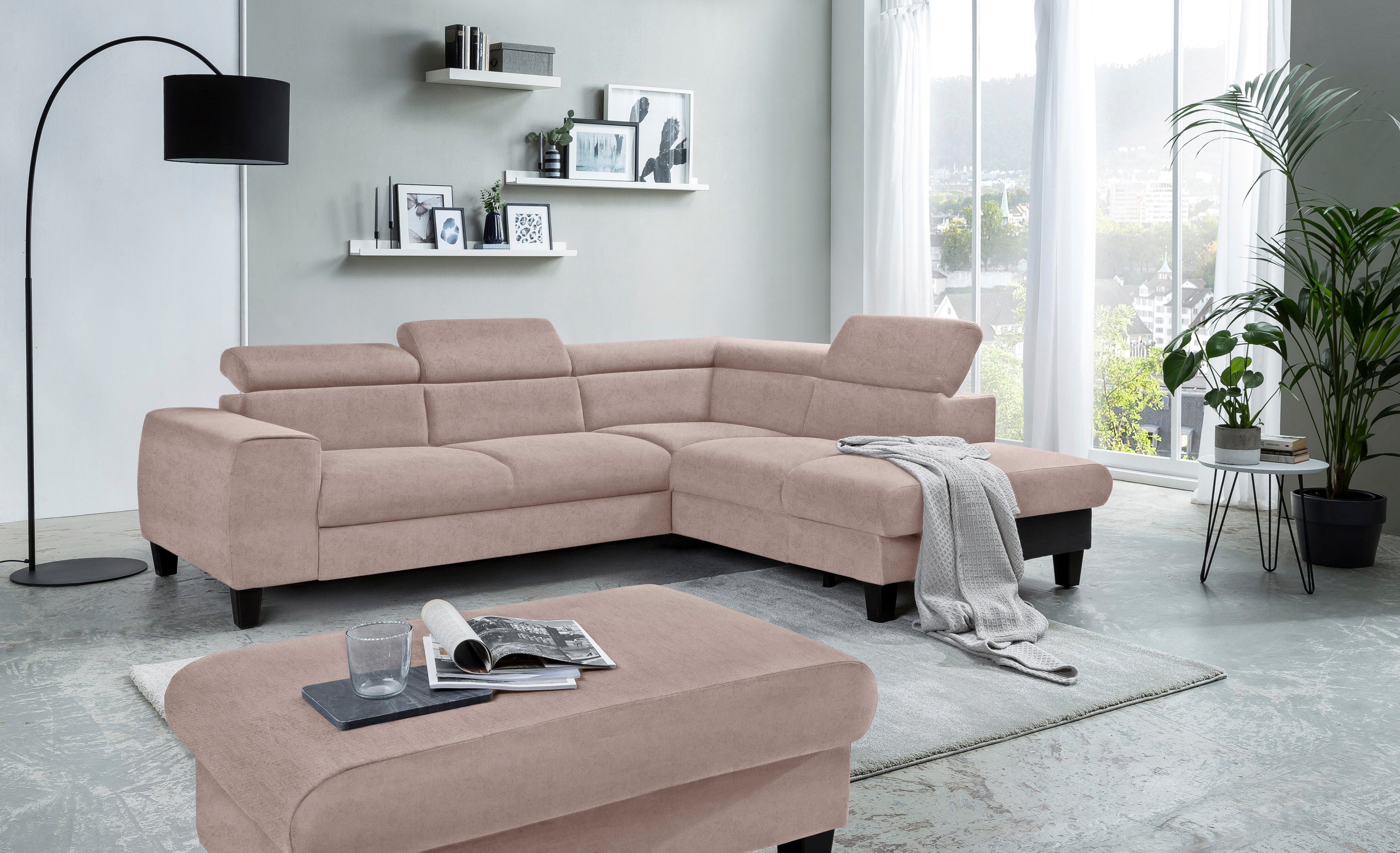 COTTA Hoekbank Morven L-vorm met hoofdeindeverstelling keuze met bedfunctie, bedlade & draadloze oplader