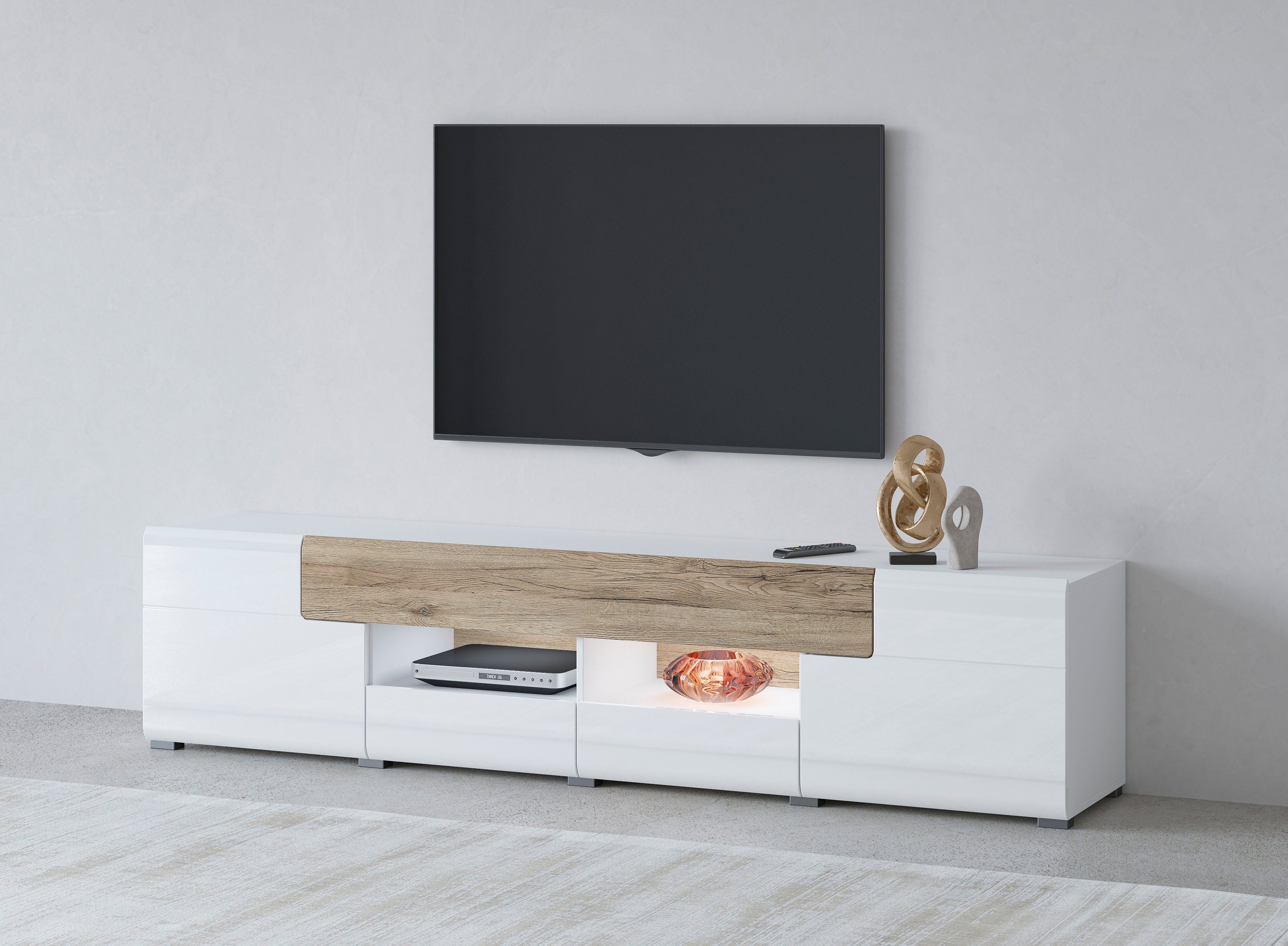 inosign tv-meubel toledo,breite 209cm, trendige tv-schrank mit dekorative fraesungen breedte 209 cm wit