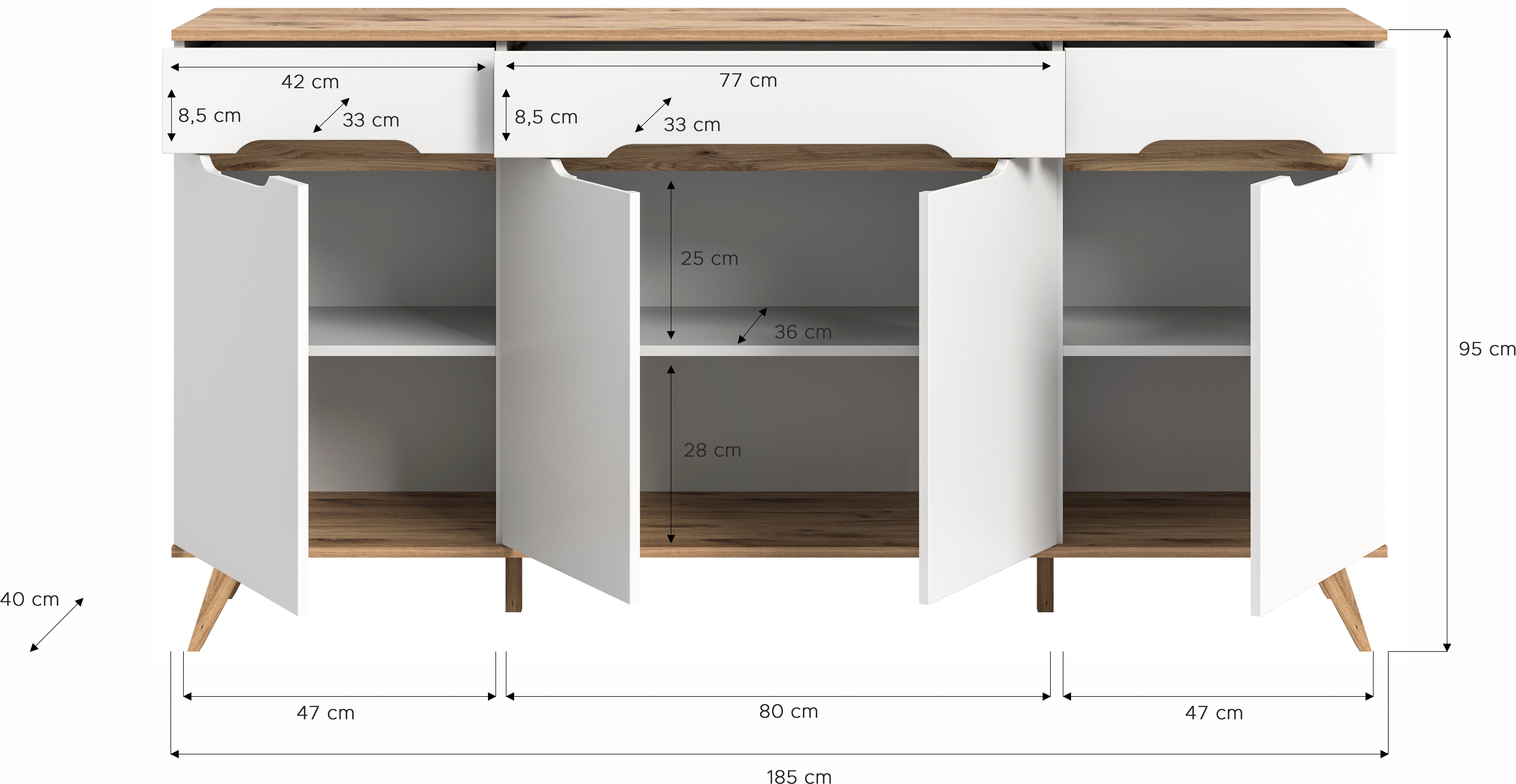 Home affaire Dressoir Alesund, Breedte 185 cm, 4 Deuren, 1 Lade, conische voet Scandi-look, dressoir, kast, commode, woonmeubelen, woonkamer