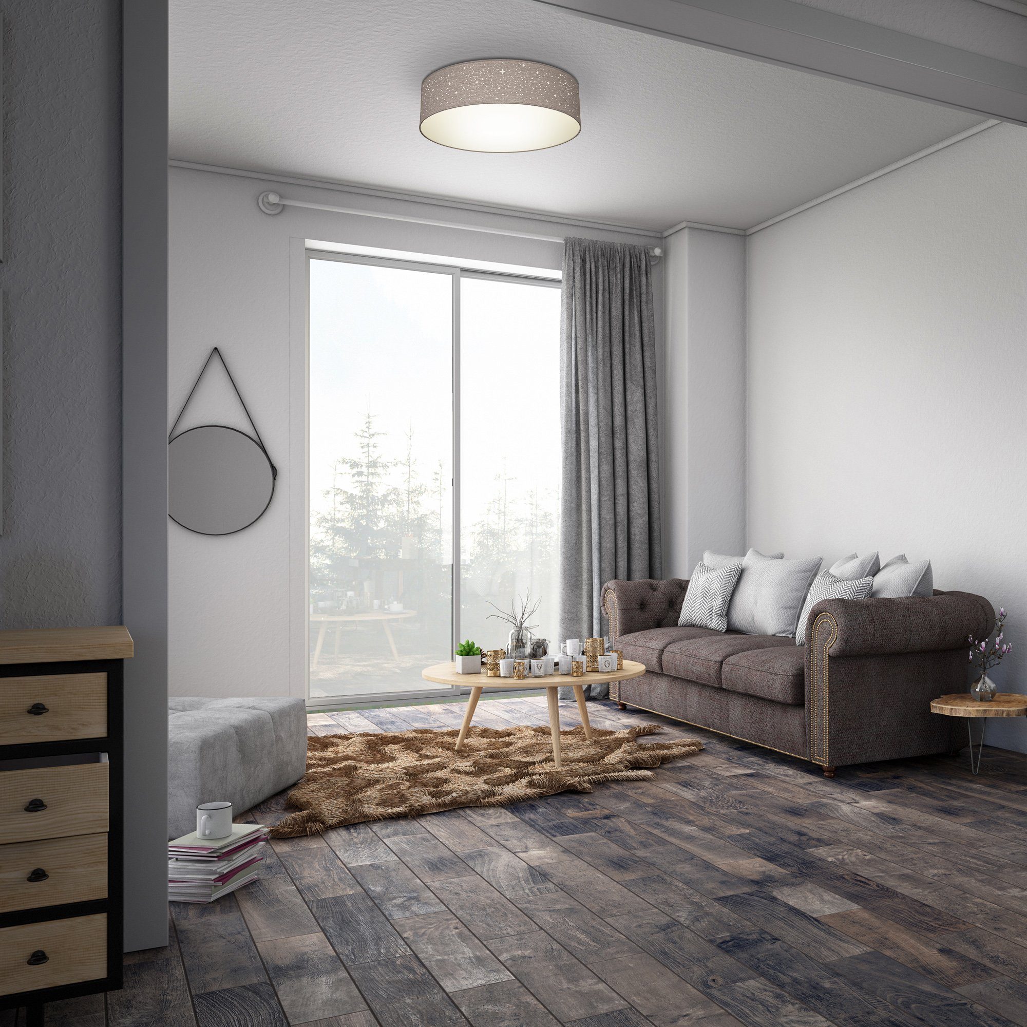 B.K.Licht Plafondlamp Textiel-sterrenhemel, taupe, 2-armig E27, stoffen plafondlamp, rond (1 stuk)