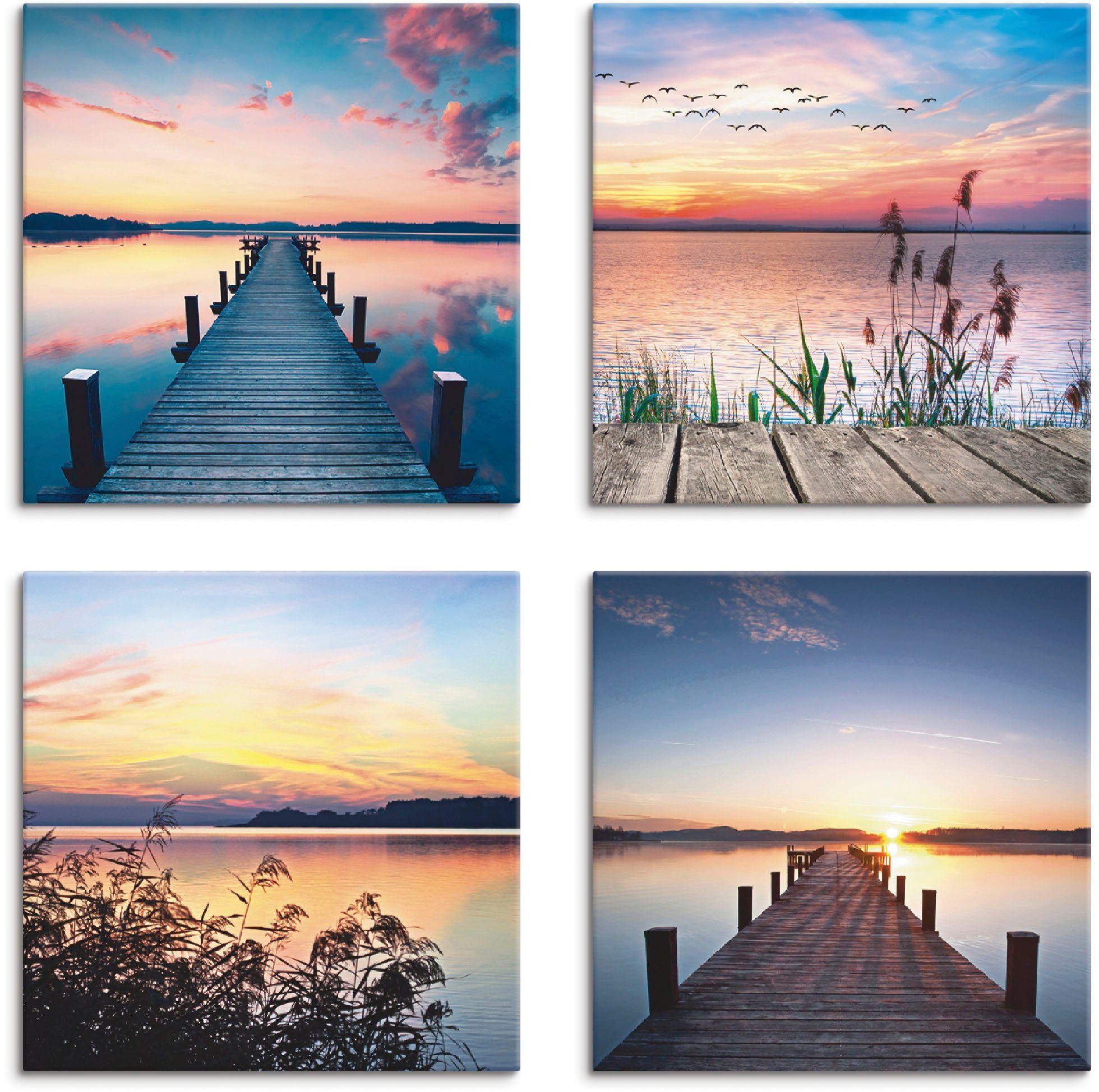 Artland Artprint op linnen Pier meer avondrood riet zonnestralen (4 stuks)