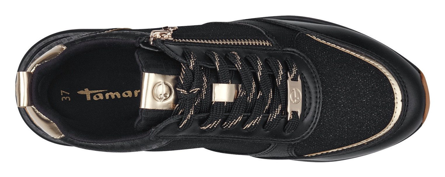 Tamaris Sneakers met sleehak vrijetijdsschoen, lage schoen, veterschoen met trendy metallic-details