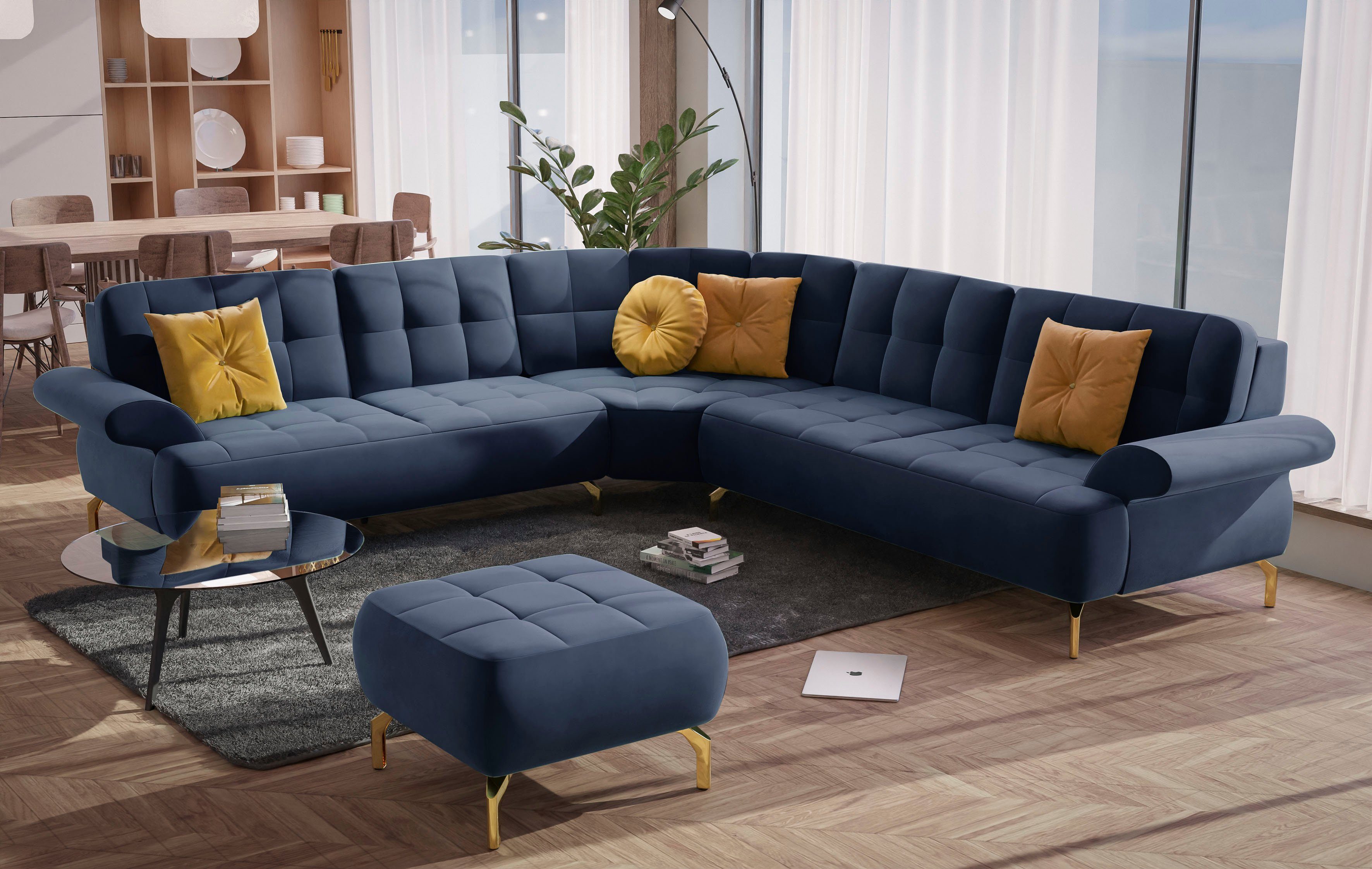 sit&more Hoekbank Orient 1 L-vorm inclusief 4 sierkussens met strassteentjes, goudkleurige metalen poten blauw, hoekbanken, langer Schenkel links