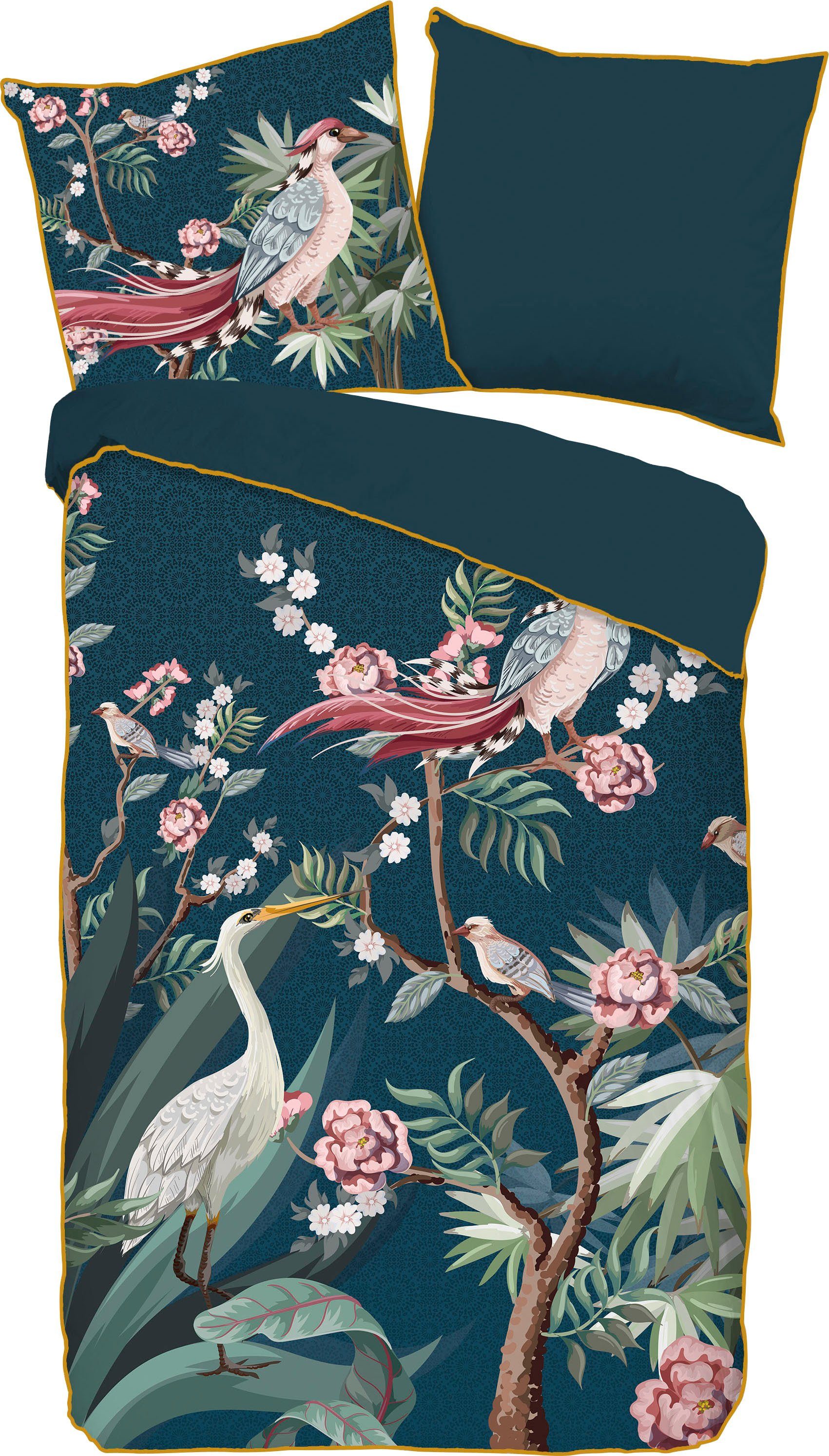 Descanso Tweezijdig te gebruiken overtrekset Sarenza Mako-satijn, 135x200, Bies, Rits, Omkeerbaar, Bloemen, Grijs (2-delig)