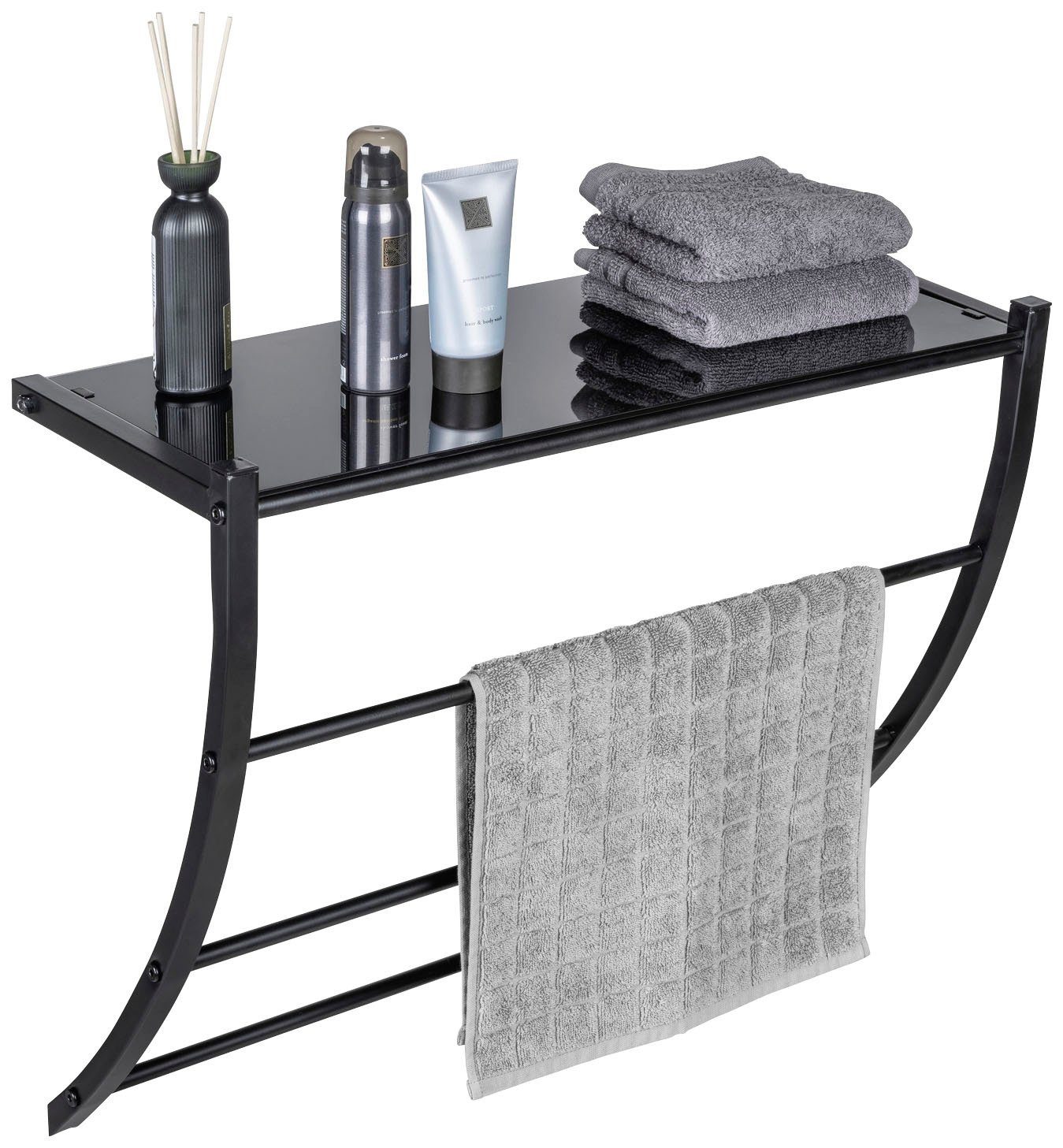 WENKO Wandplank Tarderia met glazen plank en 3 handdoekstangen