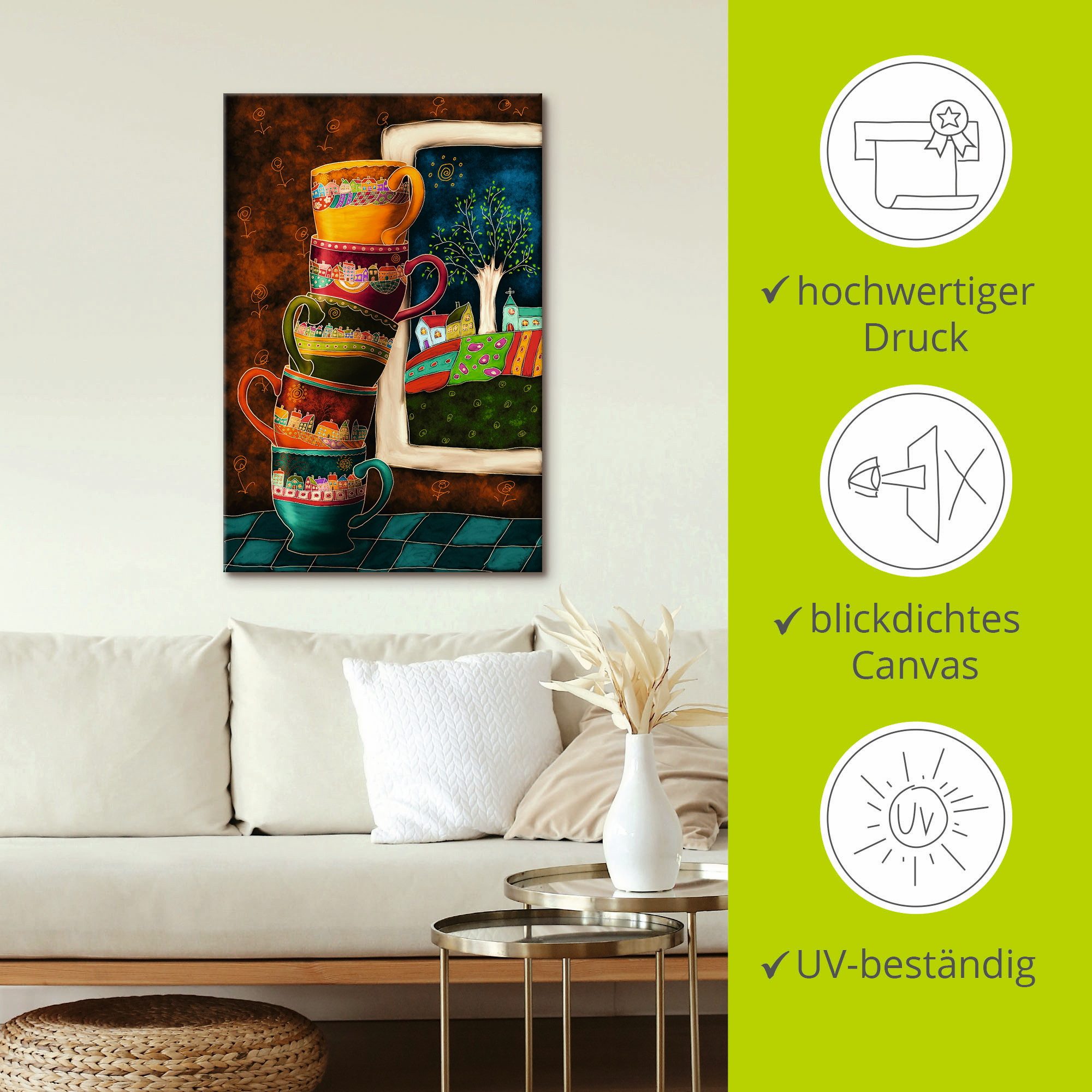 Artland Artprint Vrolijke koffiekopjes als artprint van aluminium, artprint voor buiten, artprint op linnen, poster, muursticker