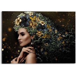 reinders! print op glas artprint op glas elegante vrouw bloemen - feestelijk - vlinder - elegantie (1 stuk) goud