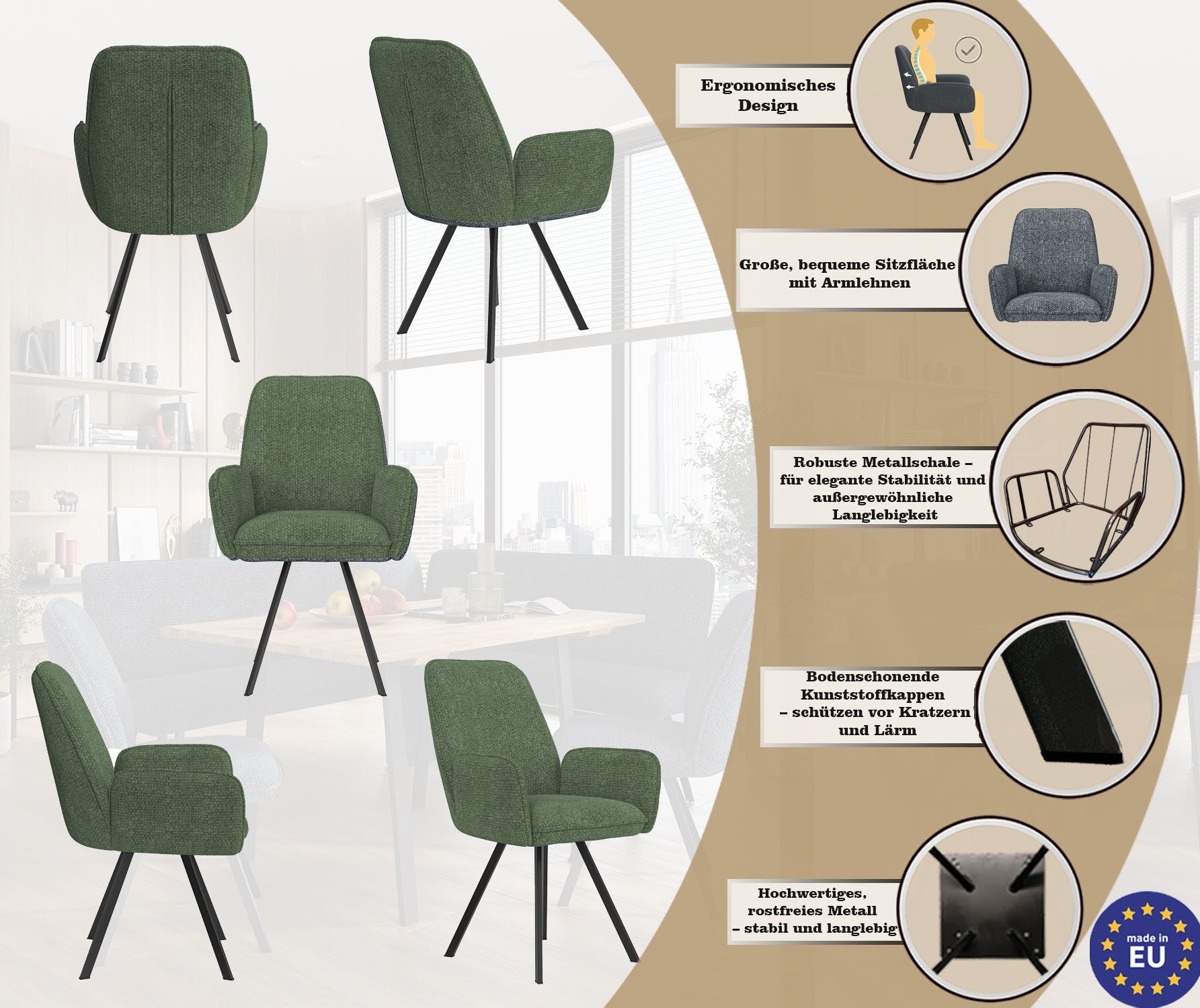 Home affaire Stoel met armleuningen Mily eetkamerstoel, gestoffeerde fauteuil, woonstoel, eetstoel met armleuningen (set, 2 stuks)