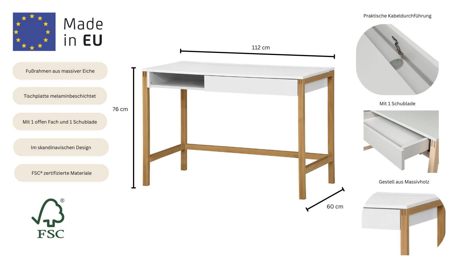 Woodman Bureau Northgate in scandinavisch design, breedte 112 cm, fsc®-gecertificeerd