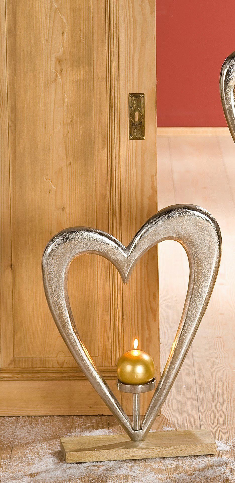 GILDE Deco-object Kaarsenhouder groot hart, zilver Hoogte 52 cm, met kaarshouder, van metaal, voet van hout, decoratief in eetkamer & woonkamer (1 stuk)