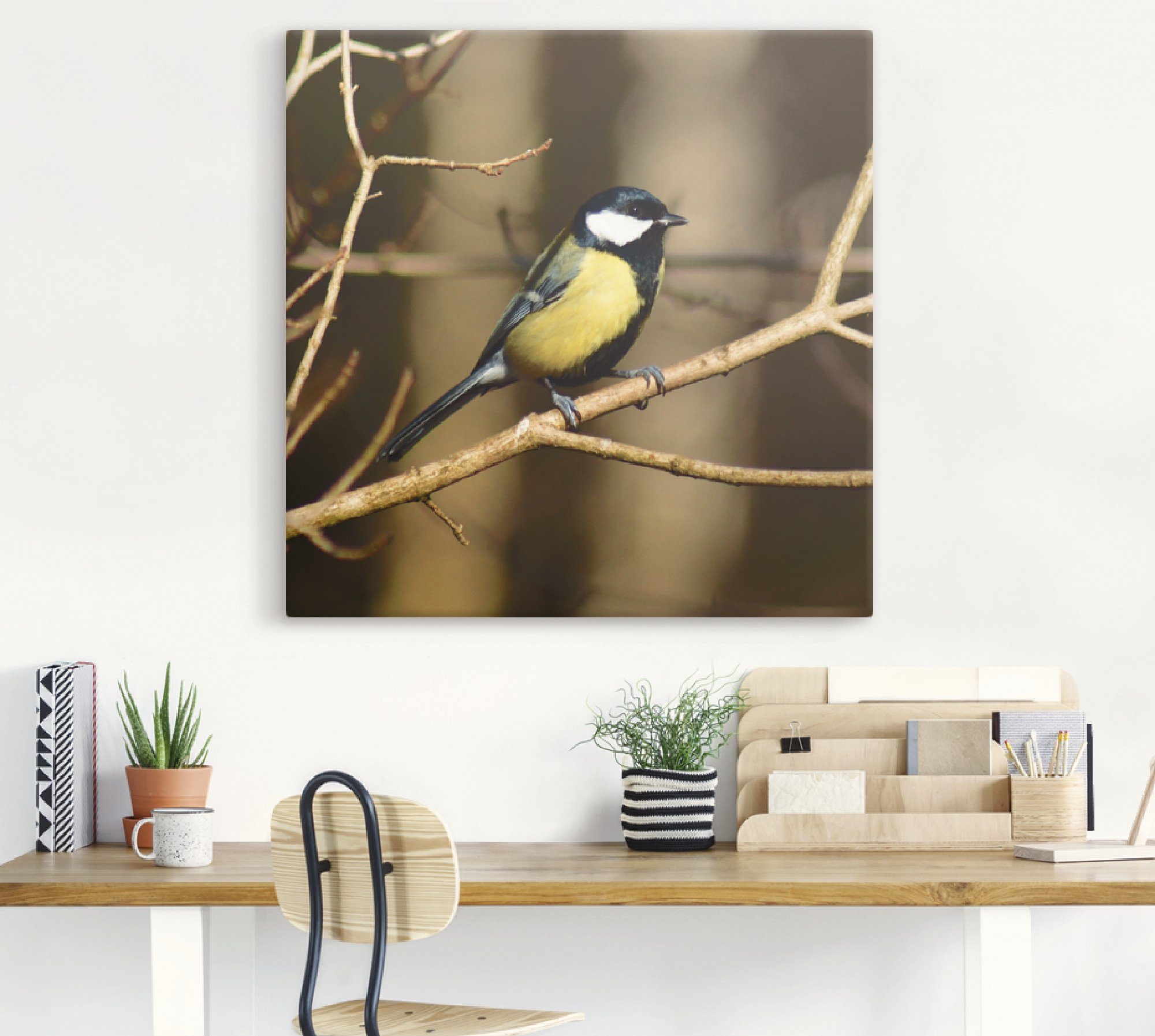 Artland Artprint op linnen Koolmees in het bos gespannen op een spieraam