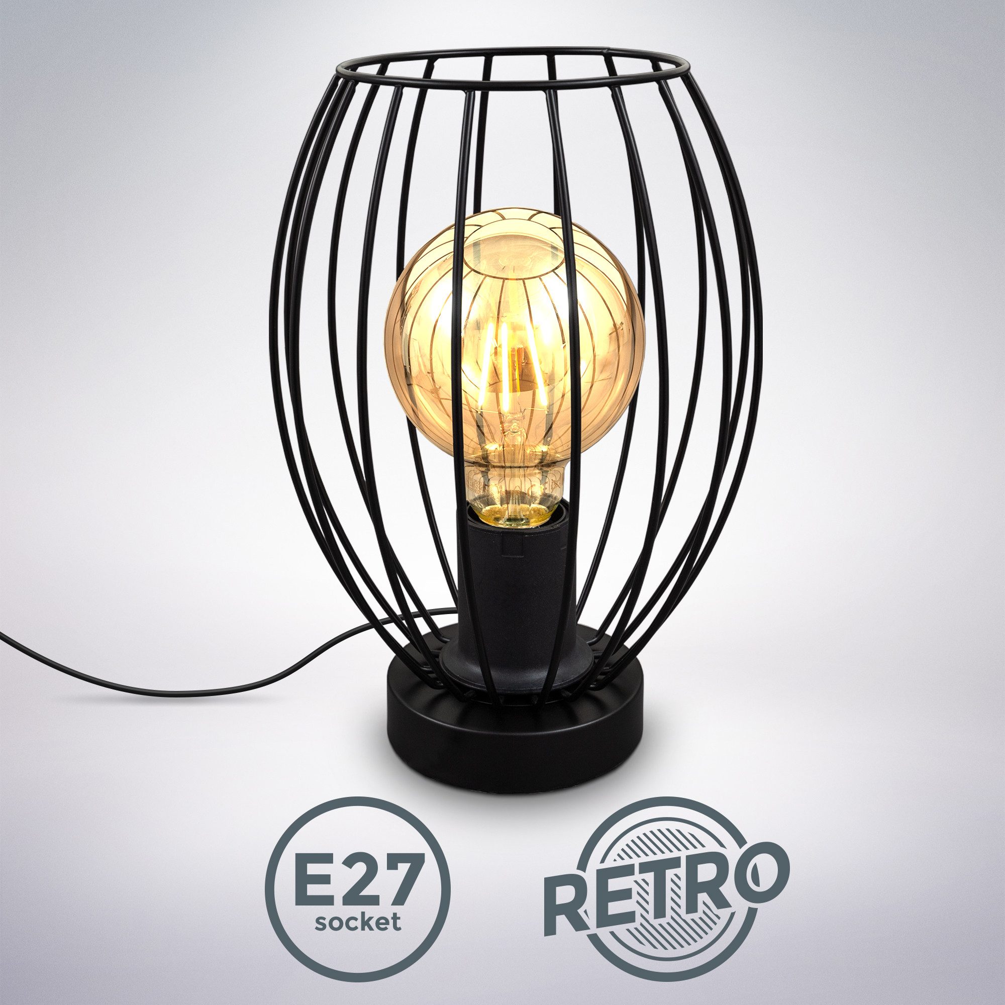 B.K.Licht Tafellamp Retro tafellamp, metaal, zwart E27-fitting, zonder lichtbron, incl. kabelschakelaar, Ø 17,5 cm (1 stuk) tafellampen zwart