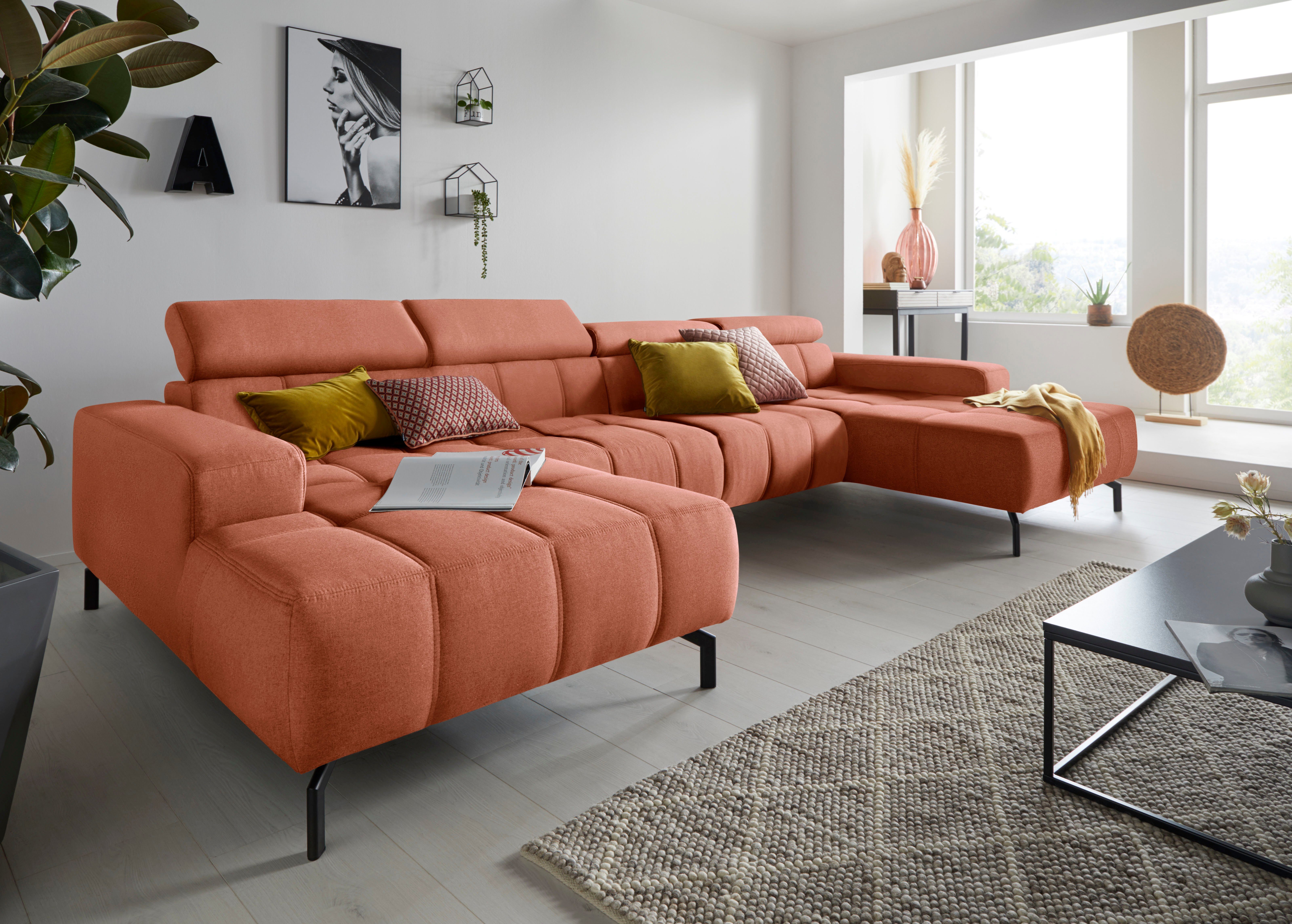 DOMO collection Zithoek Cunelli mooie zitnaden als designelement, stevige zitcomfort, U-vorm oranje, zithoeken, Met verstelbaar hoofdeind