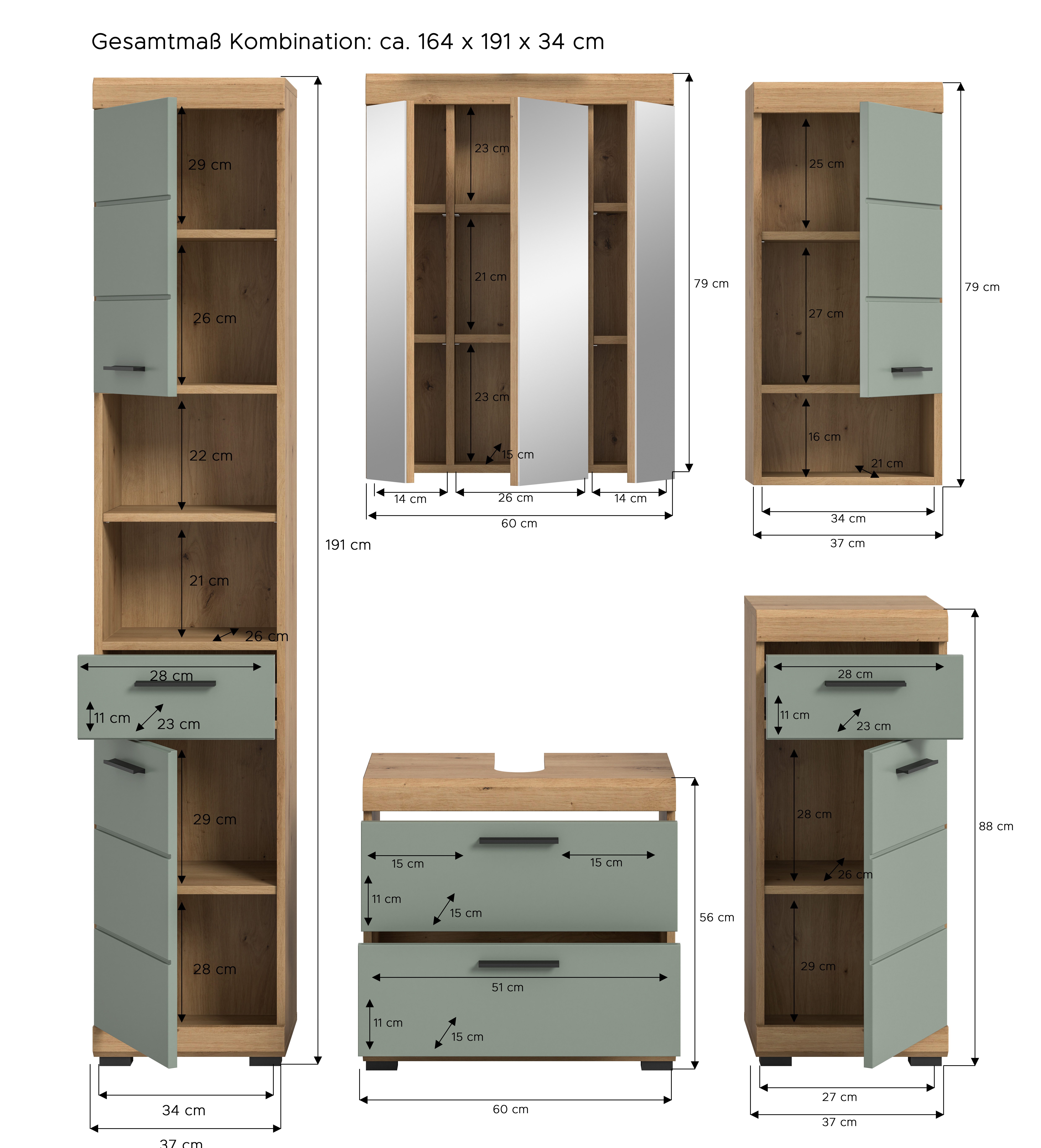 INOSIGN Badkamerserie Siena, 5-delig, bestaande uit: Hoge kast, WBU, spiegelkast, onderkast, hangkast (set, 5-delig)