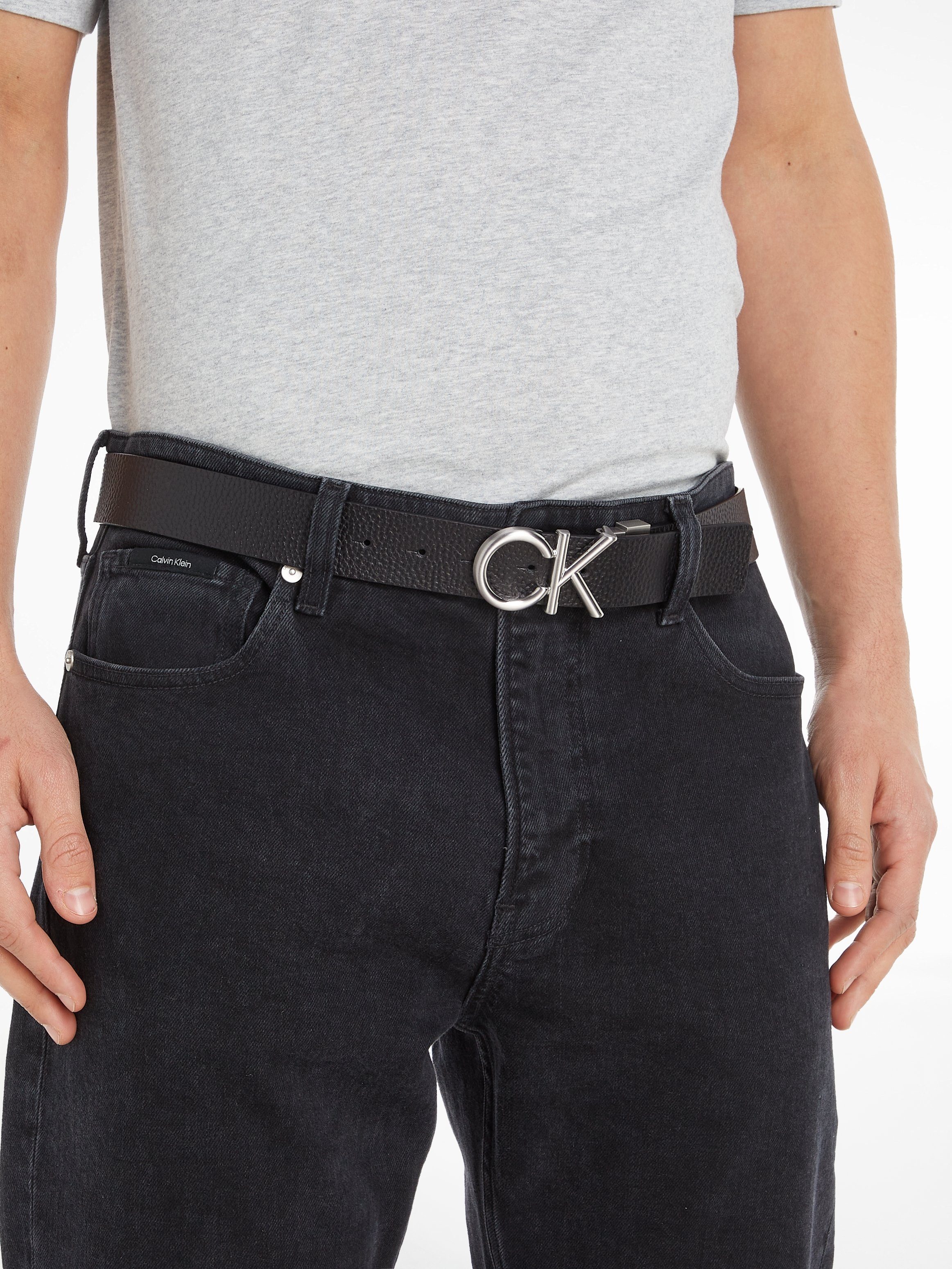 Calvin Klein Leren riem ADJ/REV CK METAL