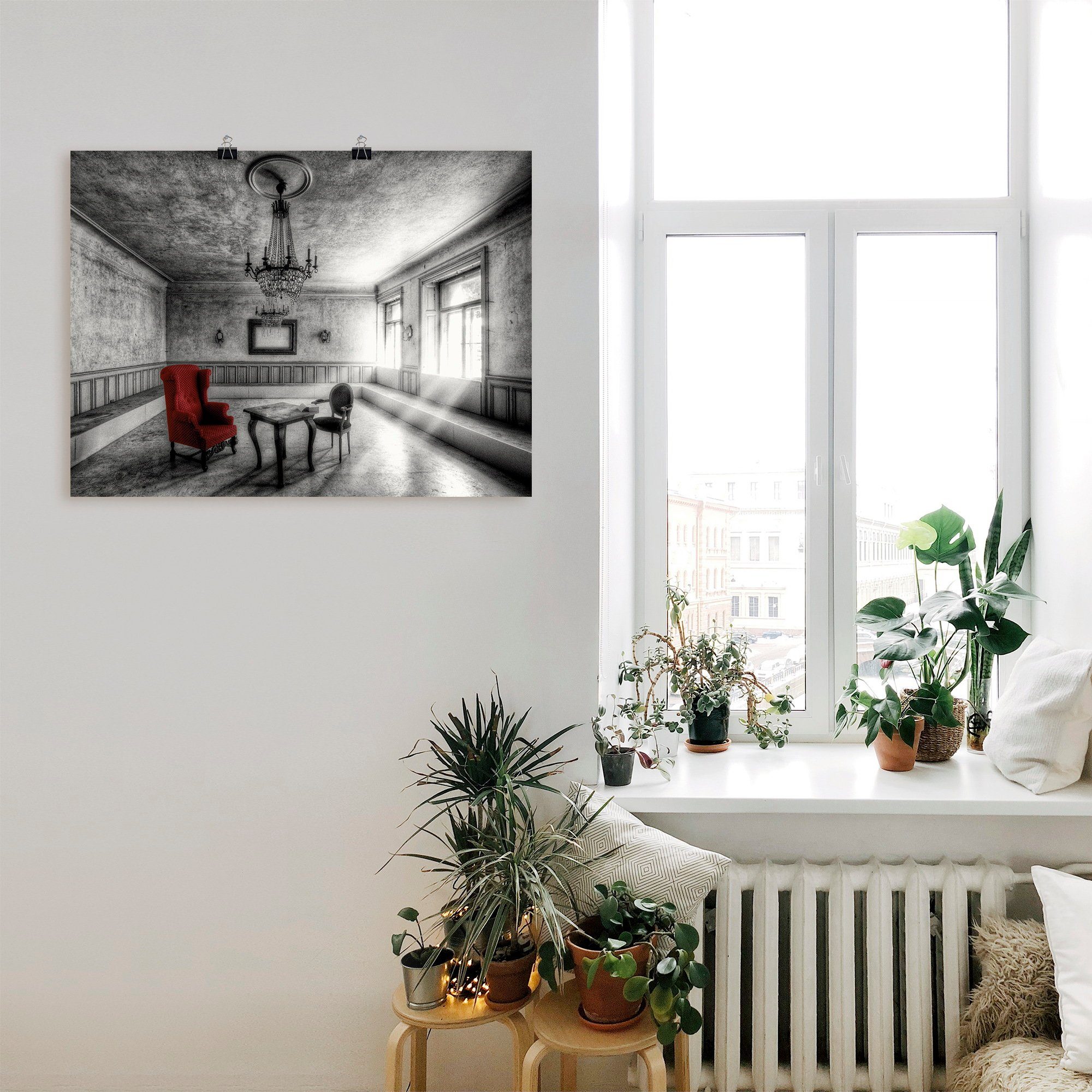 Artland Artprint Lost Place - rode fauteuil als artprint van aluminium, artprint voor buiten, artprint op linnen, poster, muursticker