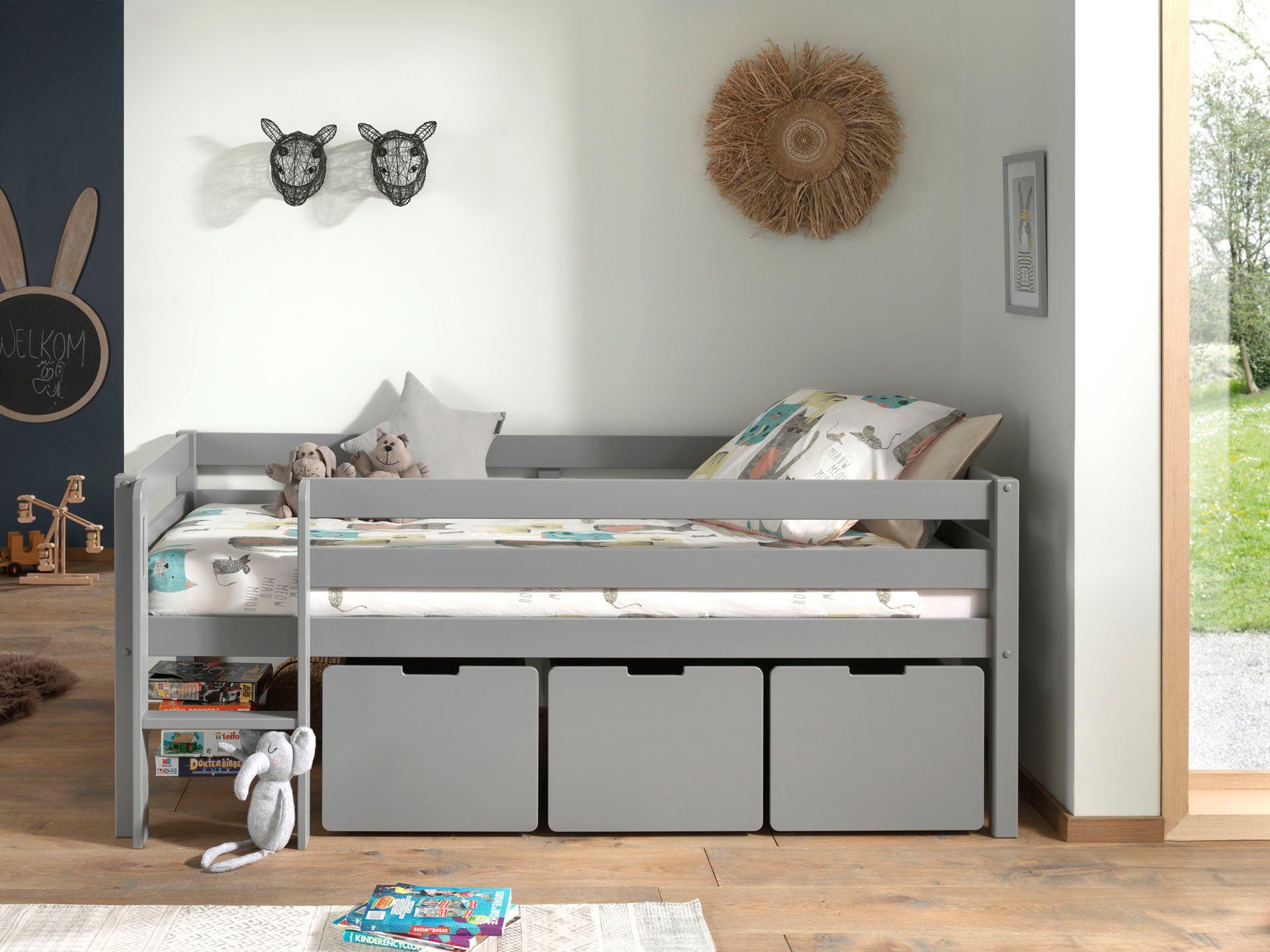 Vipack Speelbed Vipack Pino Laag speelbed met LF 90x 200 cm, met ladder en 3 boxen op wieltjes