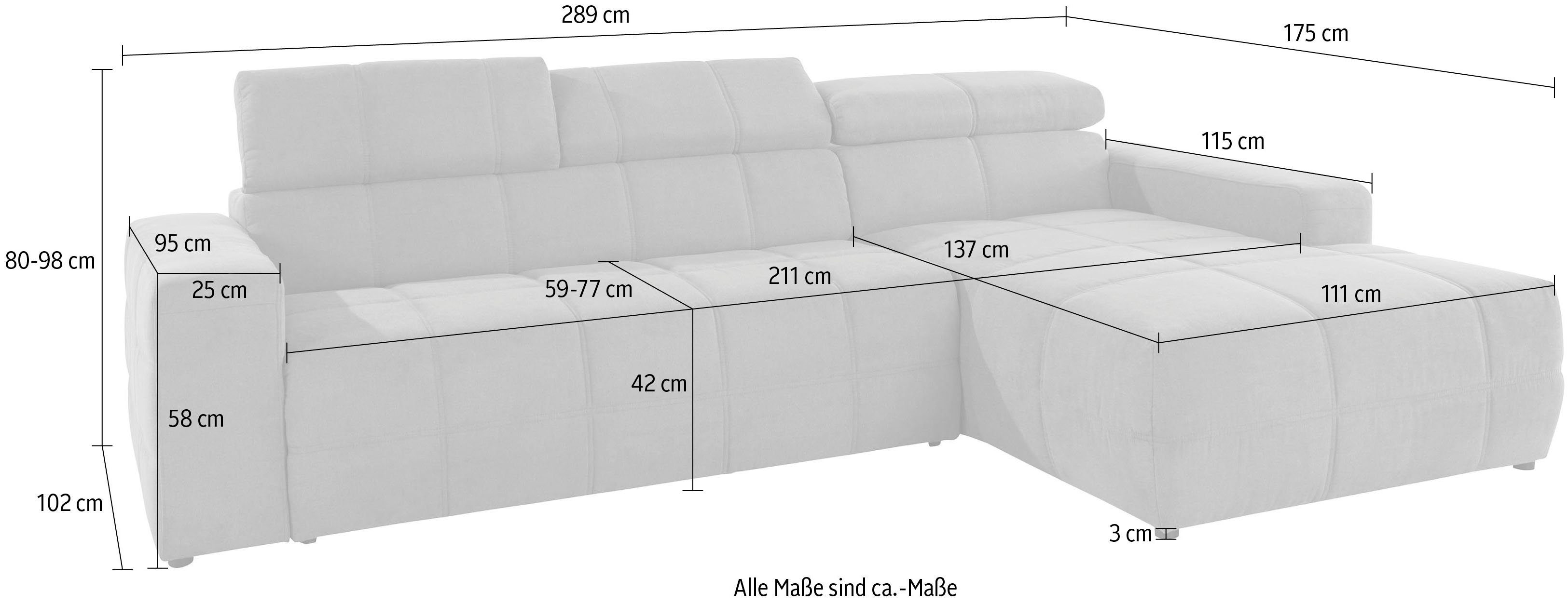 DOMO collection Hoekbank Brandon Sitzbelastung 140 kg, große Ausführung, B/T/H: 289/177/80 cm met hoofdsteunverstelling, optionele zitdiepteverstelling, l-vormig