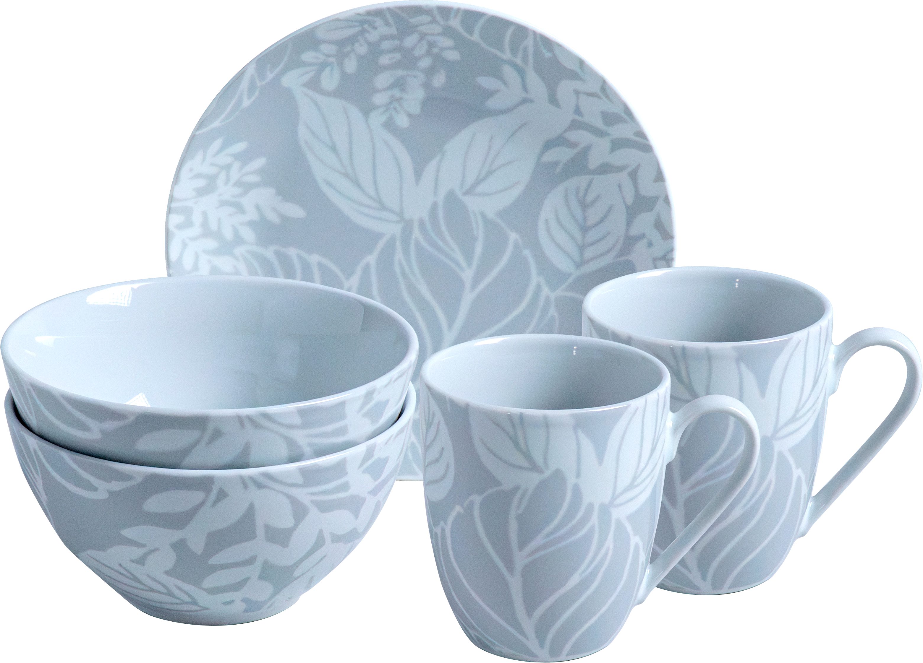 van Well Ontbijtservies set Ontbijtset Gent, servies-set, service grijs bladdecor, vaatwasmachine- en magnetronbestendig (set, 6-delig)