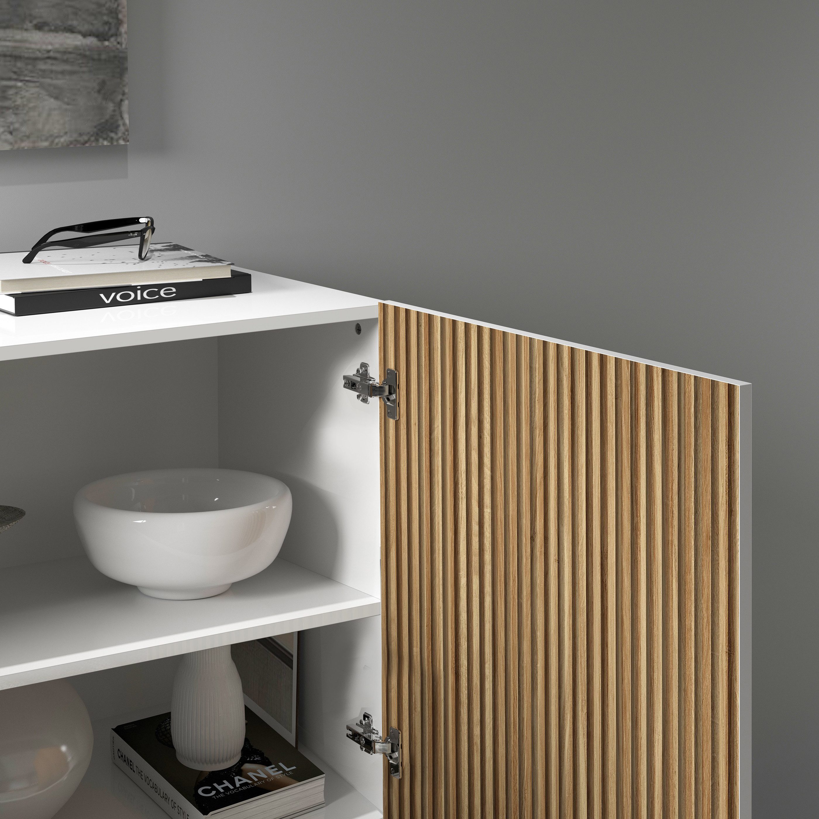 INOSIGN Highboard Vega, Highboard, Ladekast, 120 cm met 2 deuren, fronten met groeven-look