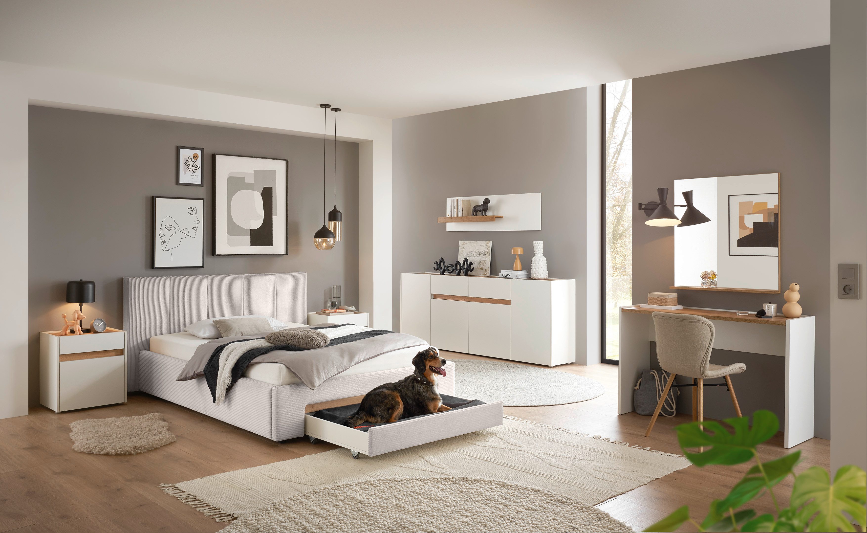 INOSIGN Gestoffeerd bed CiTY/GiRON, bedframe met bedlade, gestoffeerd opbergbed met hondenbed of opberglade, bekleding van corduroy of linnenlook