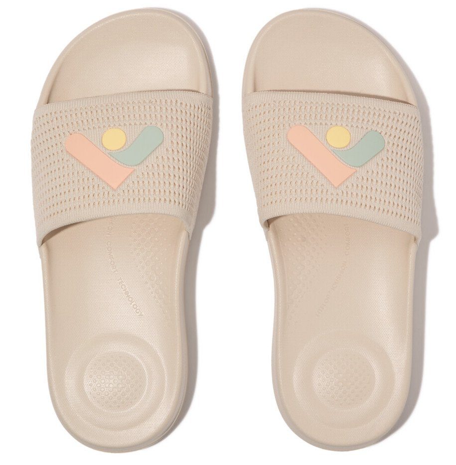 Fitflop Slippers IQUSHION ARROW KNIT SLIDES sleehak, zomerschoen, slippers met logo op de bandage