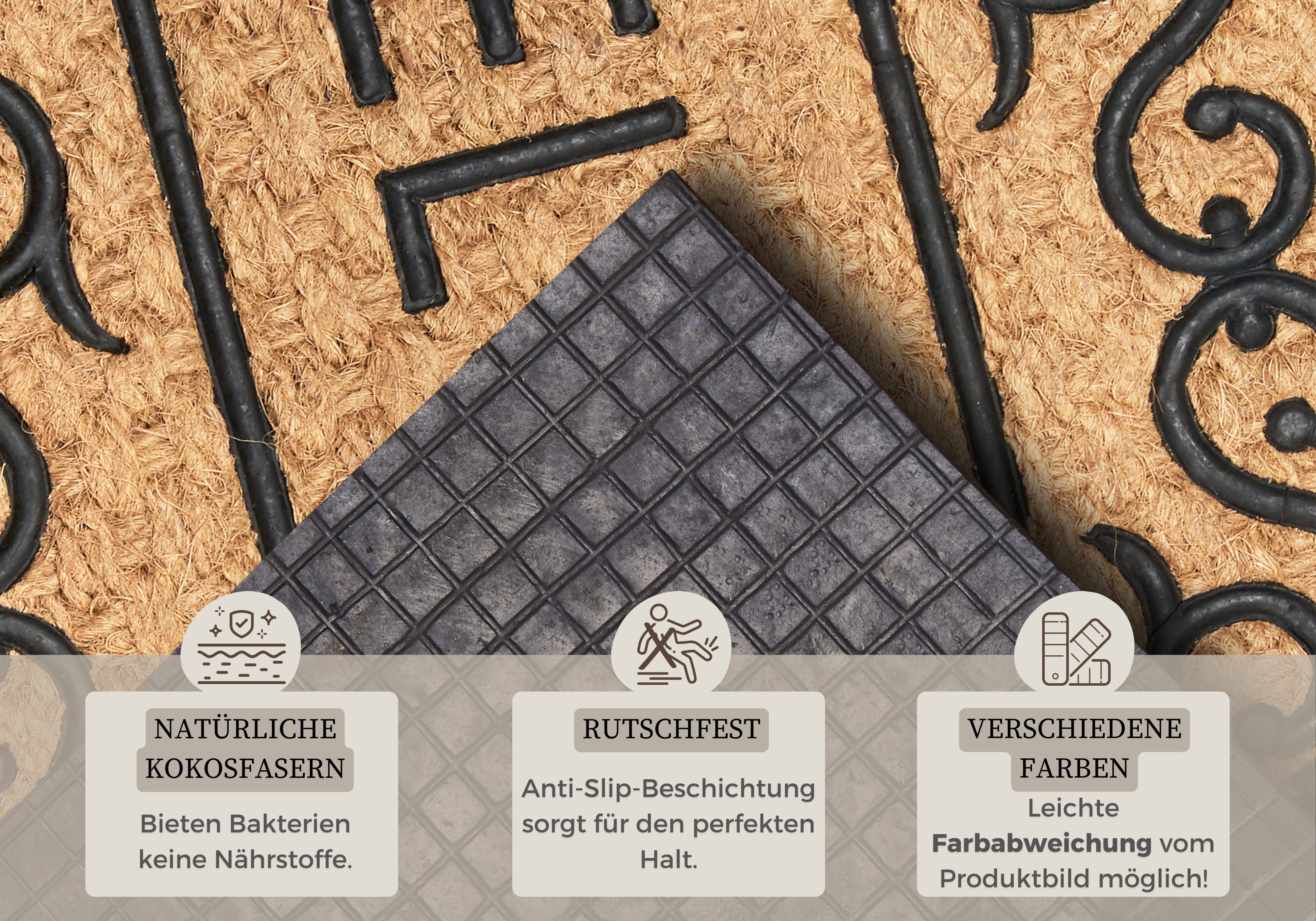 HANSE Home Mat Mix Mats Gummi-Kokos Welcome Floral Border, deurmat Kokos, rubber, vuilafstotende mat, buiten, antislip, binnen, kokosmat