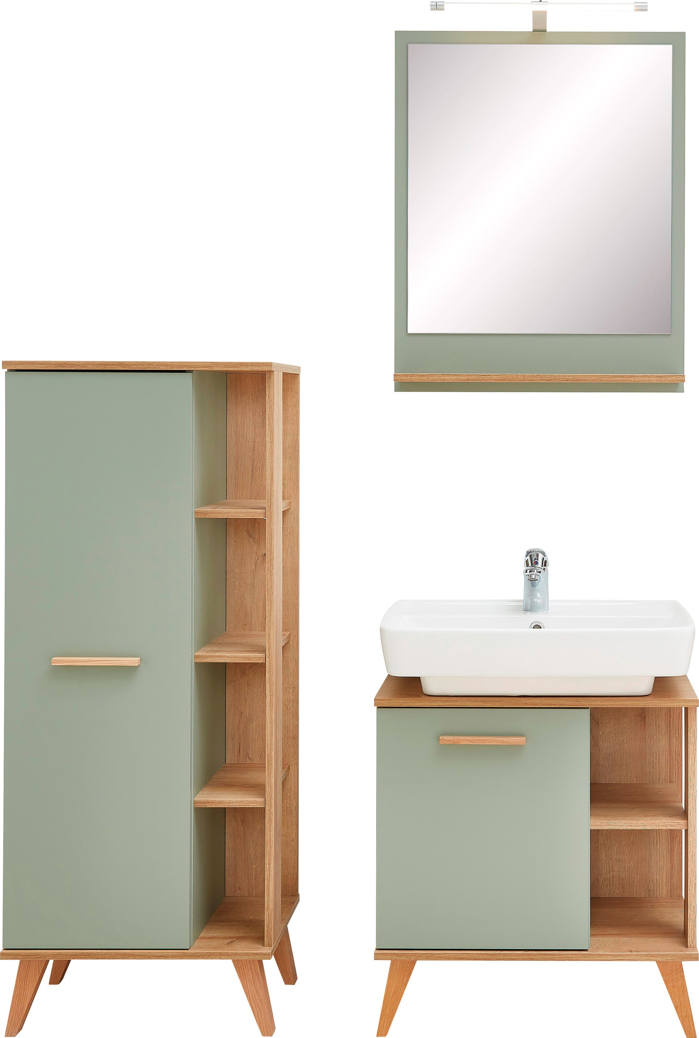 Saphir Badkamerserie Quickset 3-delig, wastafelonderkast met led-spiegel Halfhoge kast, inclusief deurdemper, 2 deuren, 3 glasplateaus, badkameraccessoire-set (3-delig)