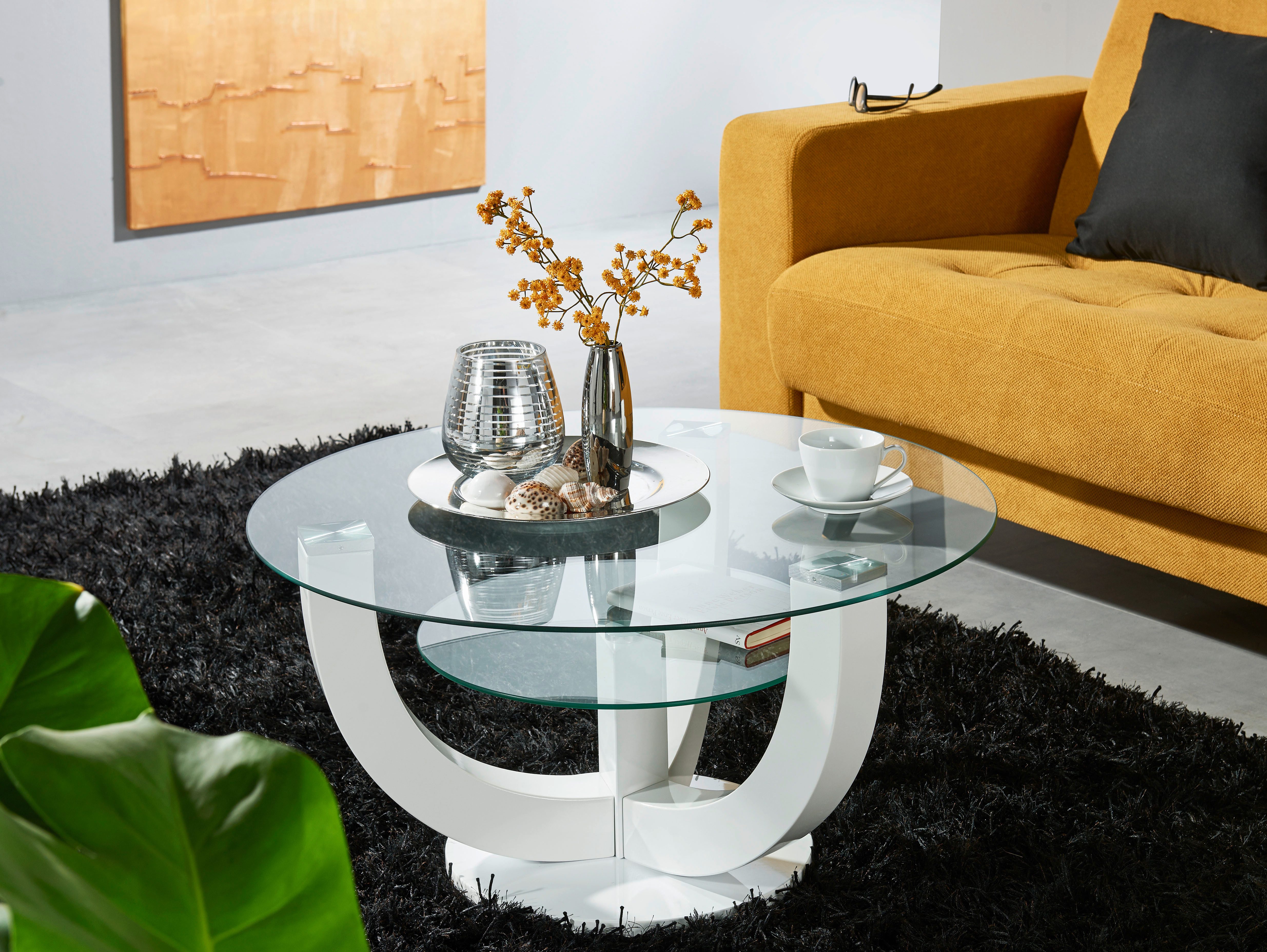 Stolkom Salontafel Denver, TOPSELLER! rond met glas, tafel -onderstel wit hoogglans