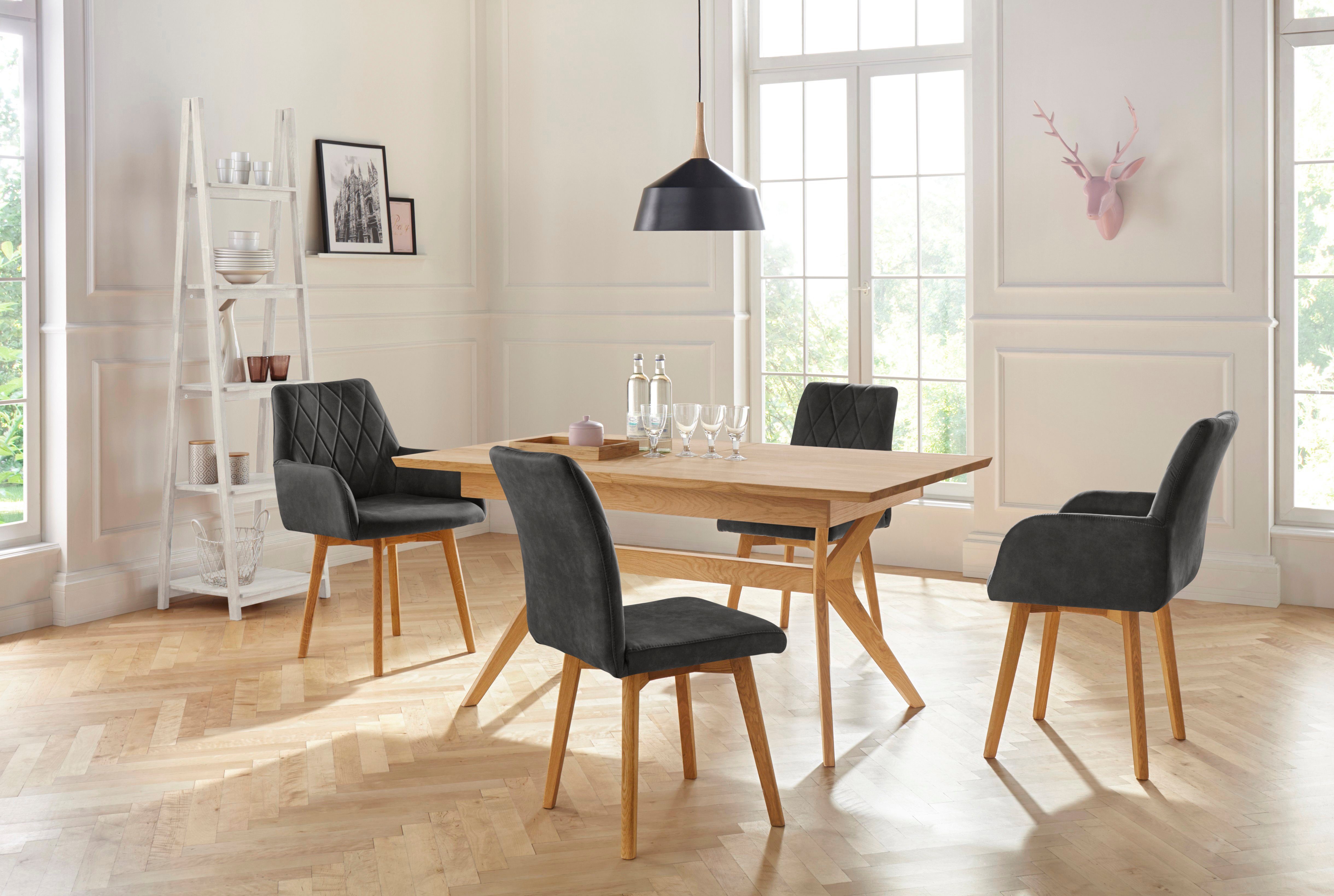 Home affaire Eetkamerstoel Brest Fauteuil in leer of microvezel, geolied massief eiken frame (2 stuks)