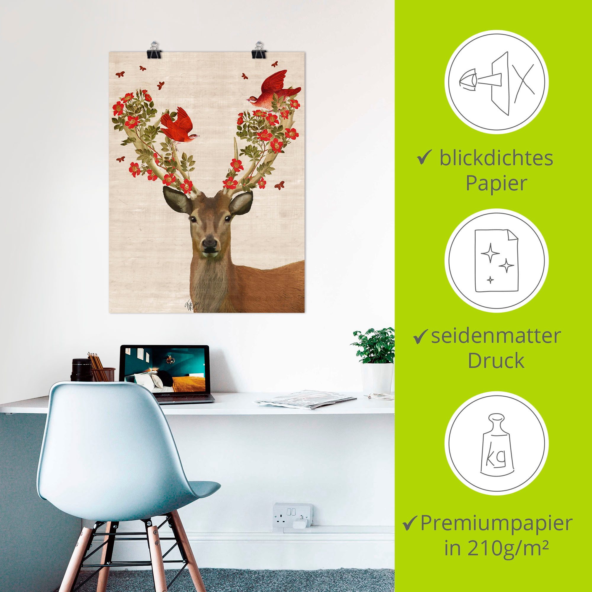 Artland Artprint Edelhert en vogels liefde als artprint op linnen, poster, muursticker in verschillende maten